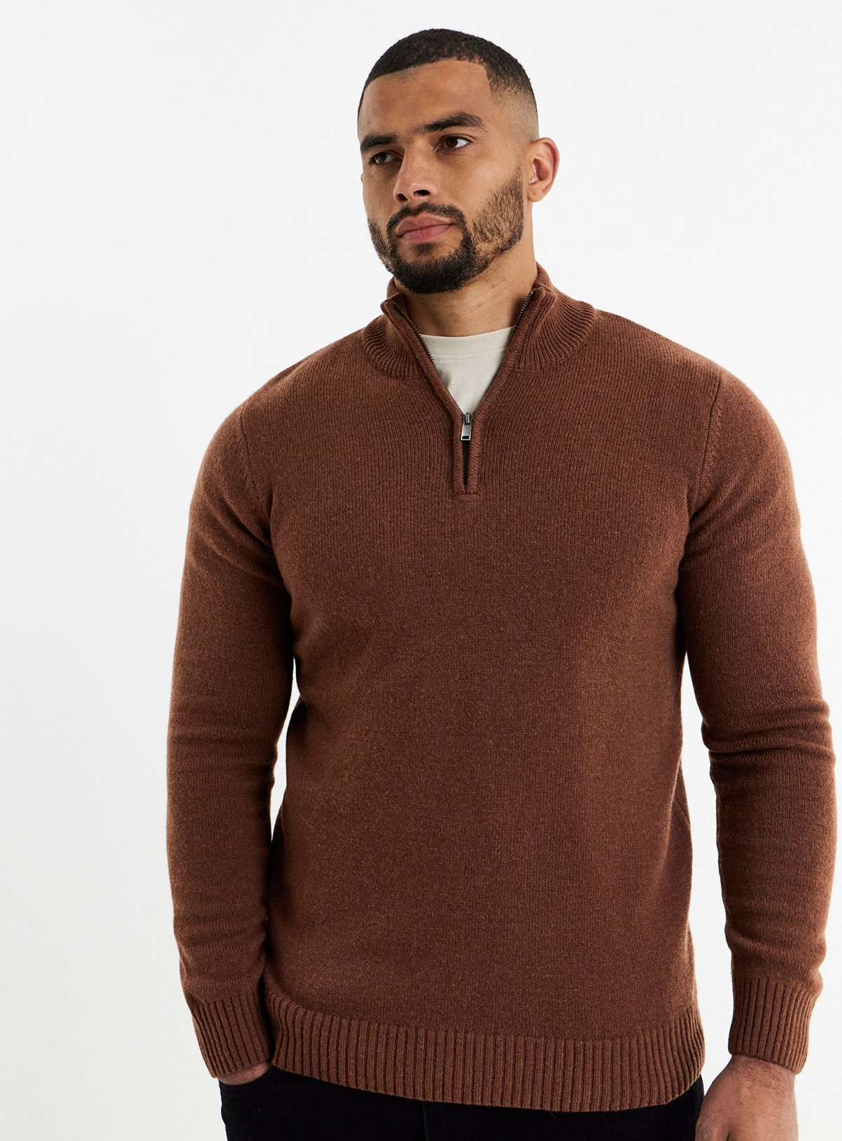 JACAMO Lambswool 1/4 Zip Jumper Brown 2XL - Image 1 thumbnail