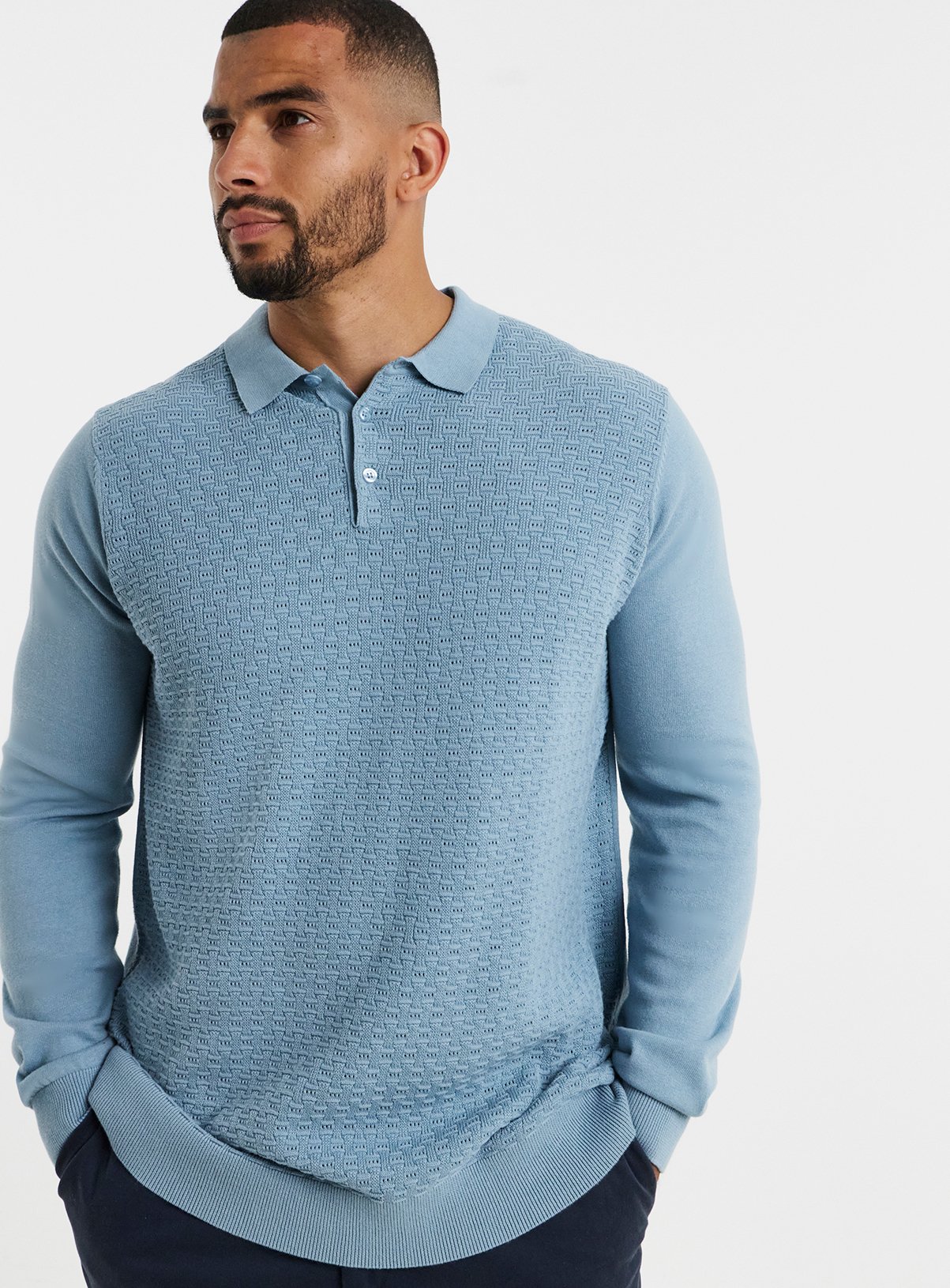 JACAMO Textured Long Sleeve Knitted Polo L - Image 1 thumbnail