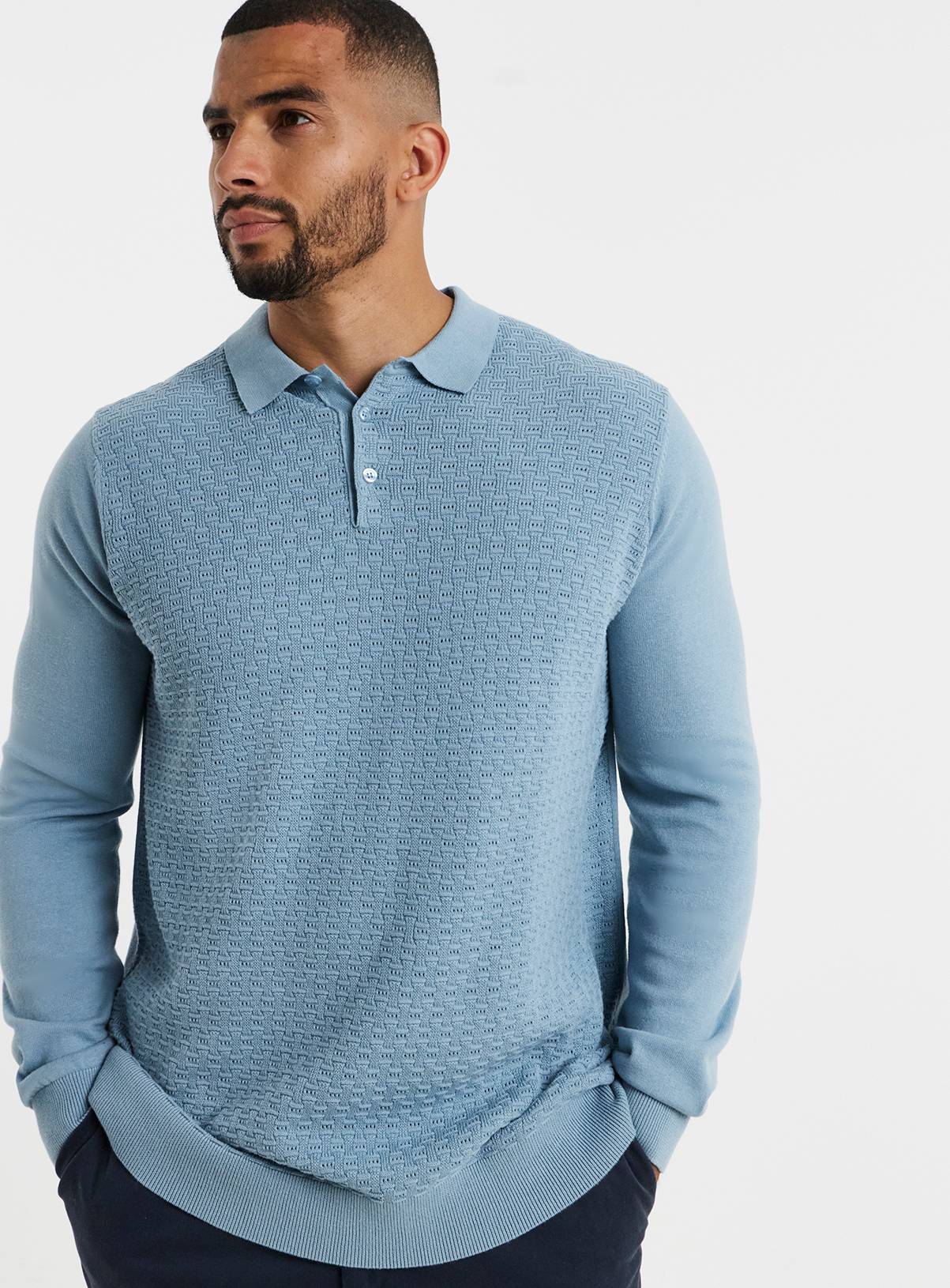 JACAMO Textured Long Sleeve Knitted Polo L - Image 1