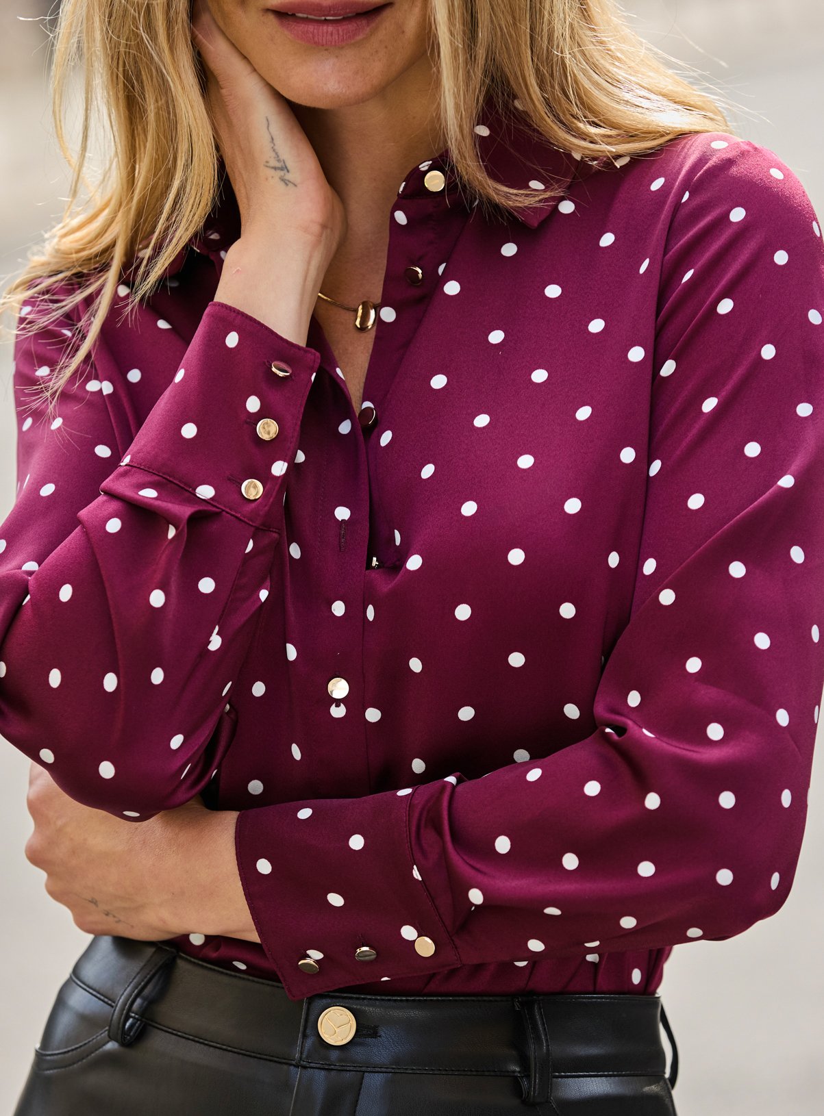 SOSANDAR Burgundy Polka Dot Print Satin Shirt with Gold Buttons 14 - Image 4 thumbnail