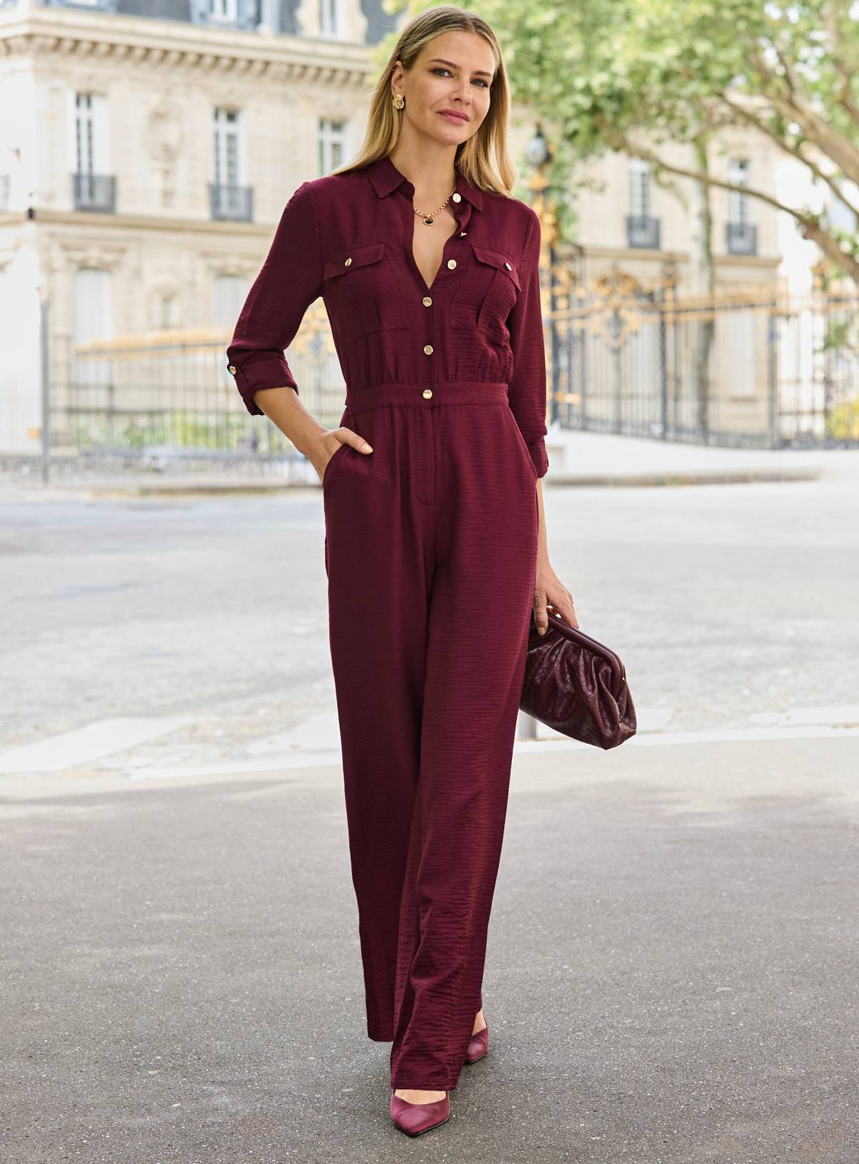 SOSANDAR Burgundy Button Front Jumpsuit 14 - Image 2