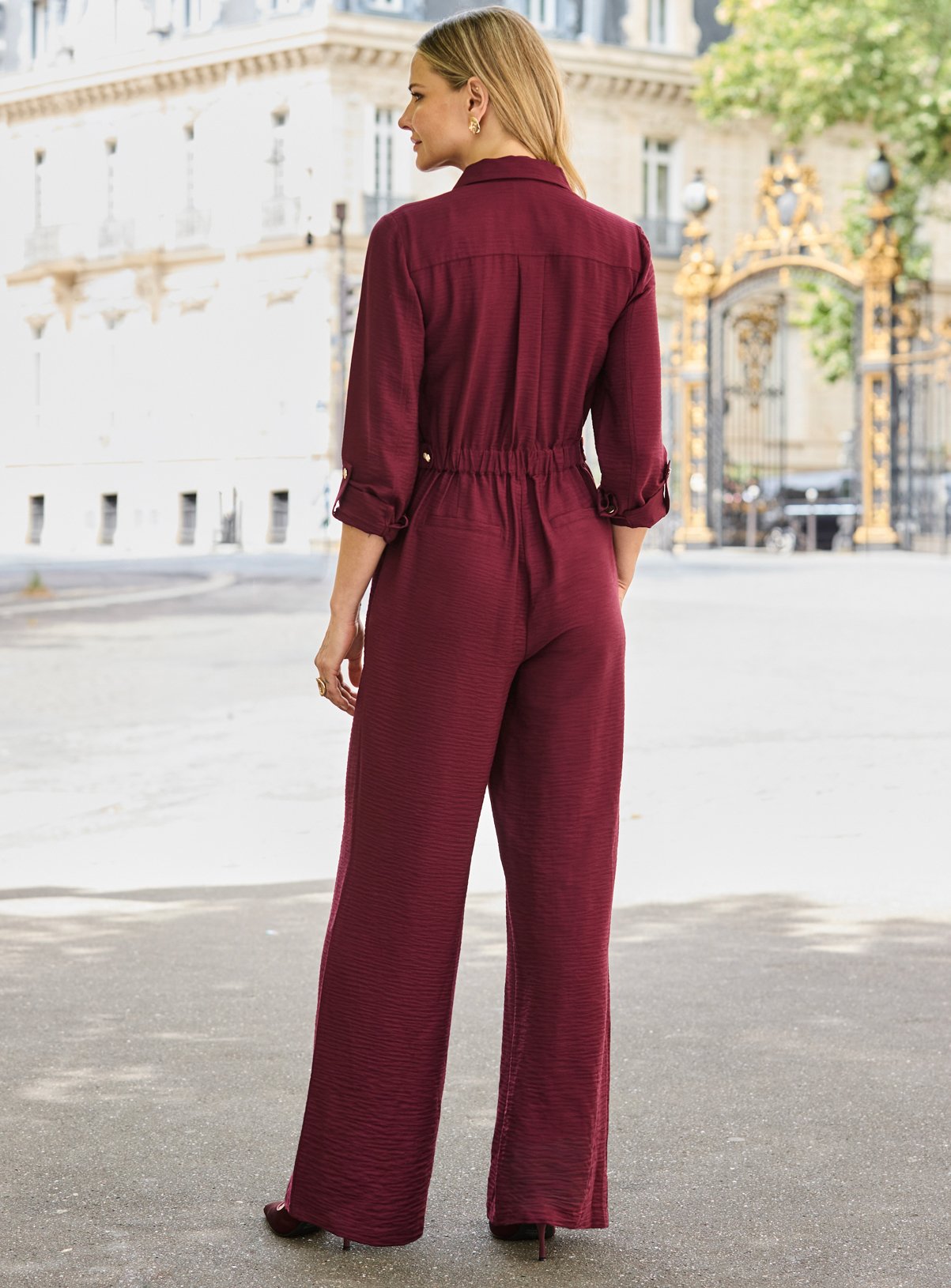 SOSANDAR Burgundy Button Front Jumpsuit 14 - Image 3 thumbnail