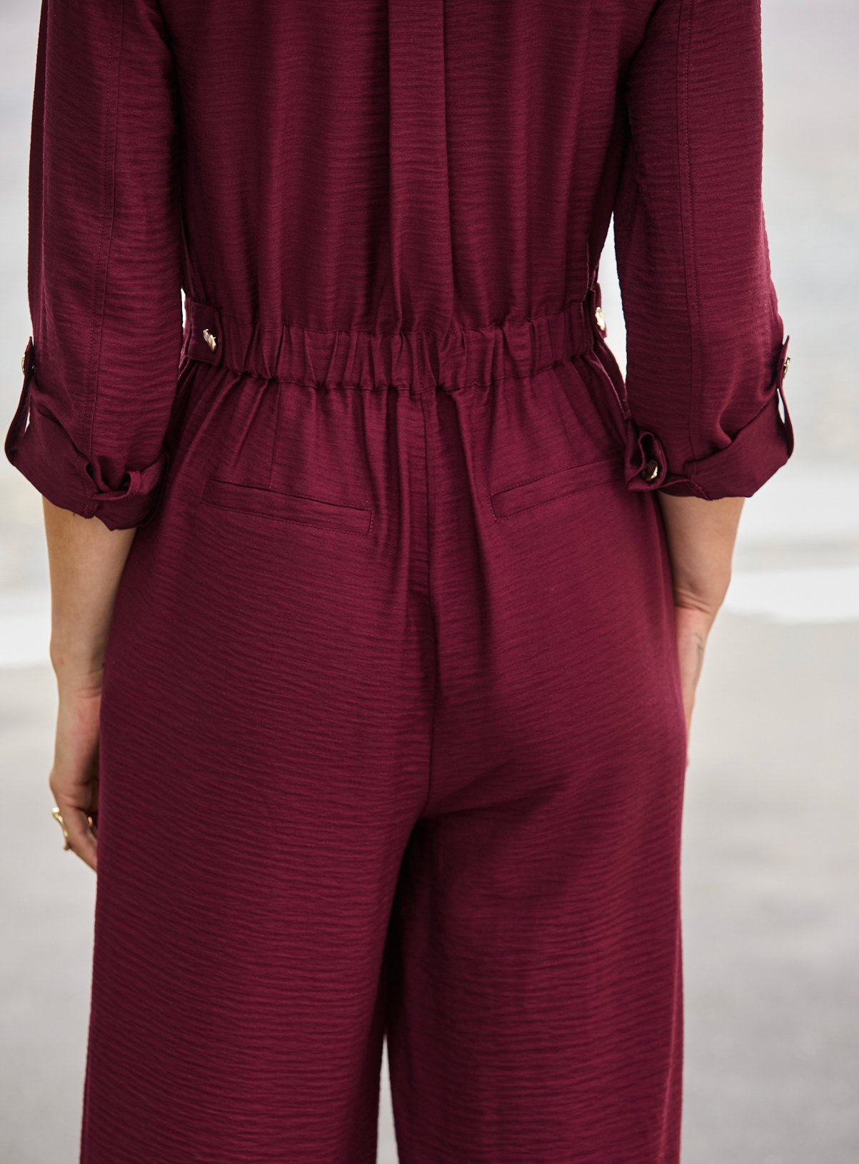 SOSANDAR Burgundy Button Front Jumpsuit 14 - Image 5 thumbnail