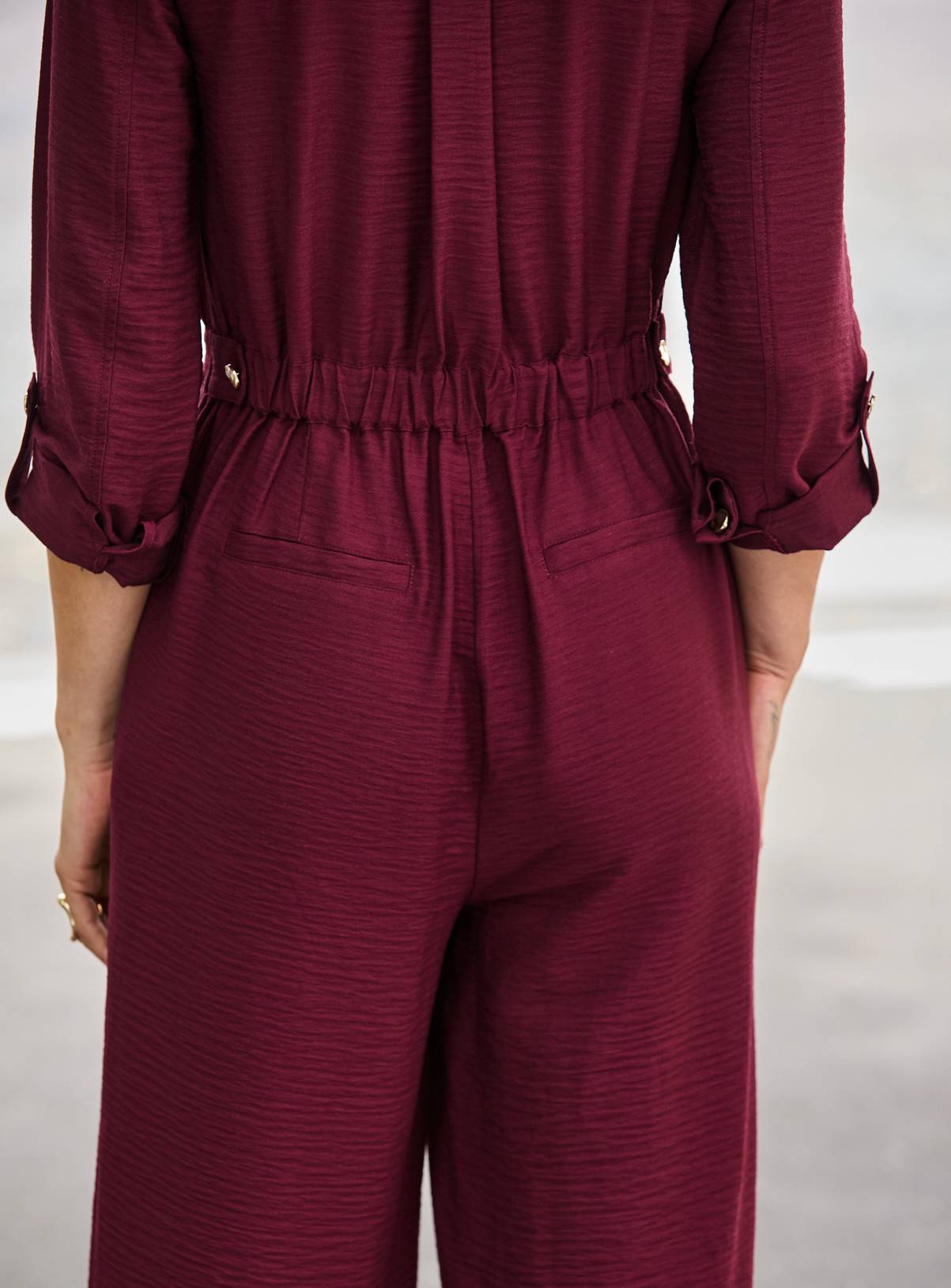 SOSANDAR Burgundy Button Front Jumpsuit 14 - Image 5