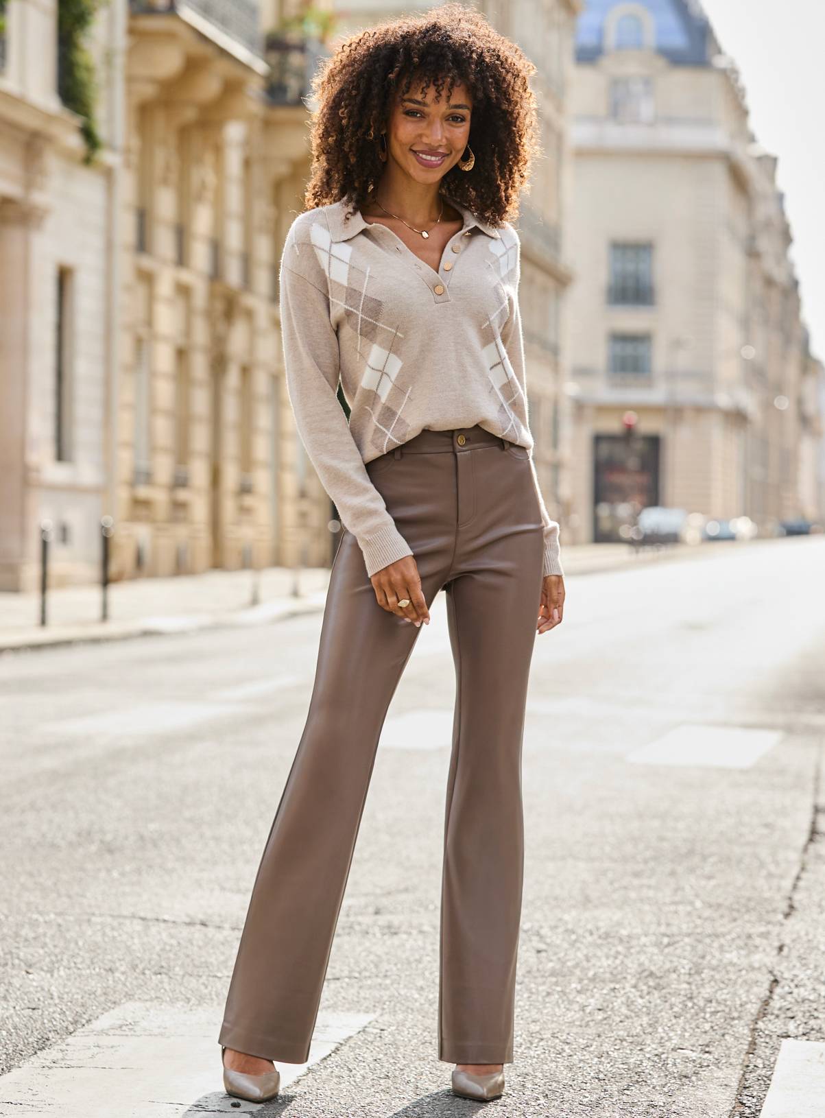 SOSANDAR Taupe Argyle Button Front Collared Jumper 20 - Image 2
