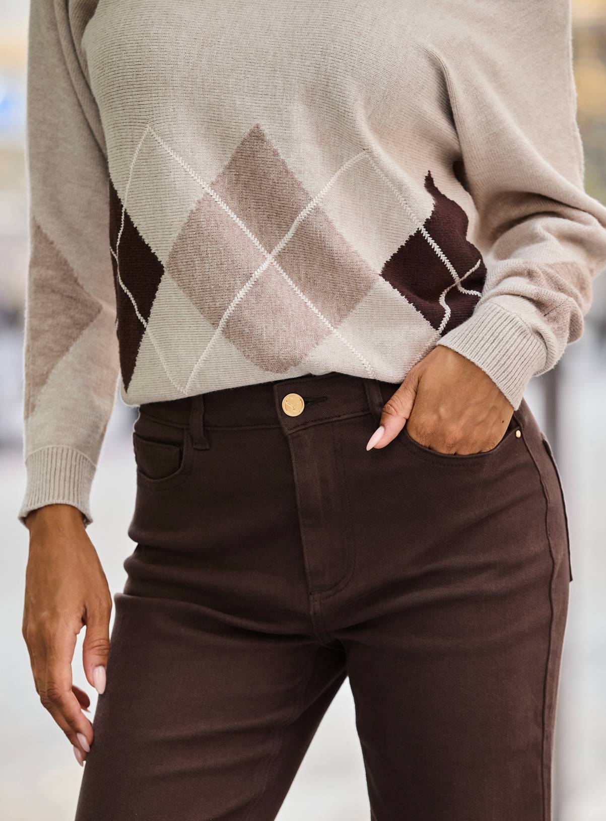 SOSANDAR Taupe Argyle Boat Neck Jumper 20 - Image 4