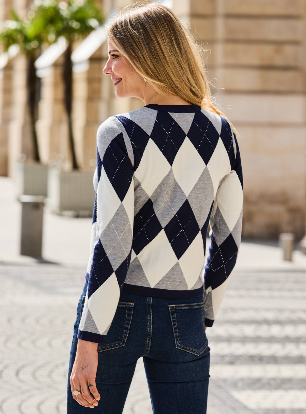 SOSANDAR Navy Blue Argyle Gold Button Detail Cardigan 14 - Image 3