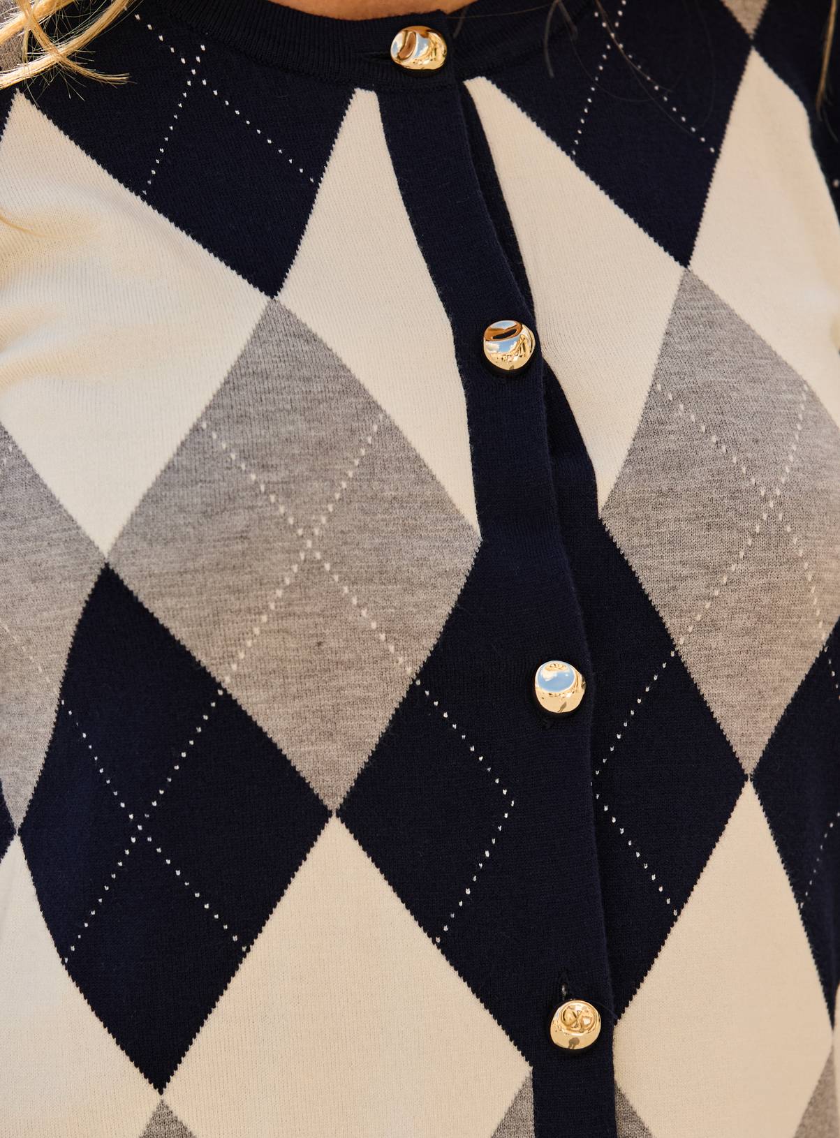 SOSANDAR Navy Blue Argyle Gold Button Detail Cardigan 14 - Image 4