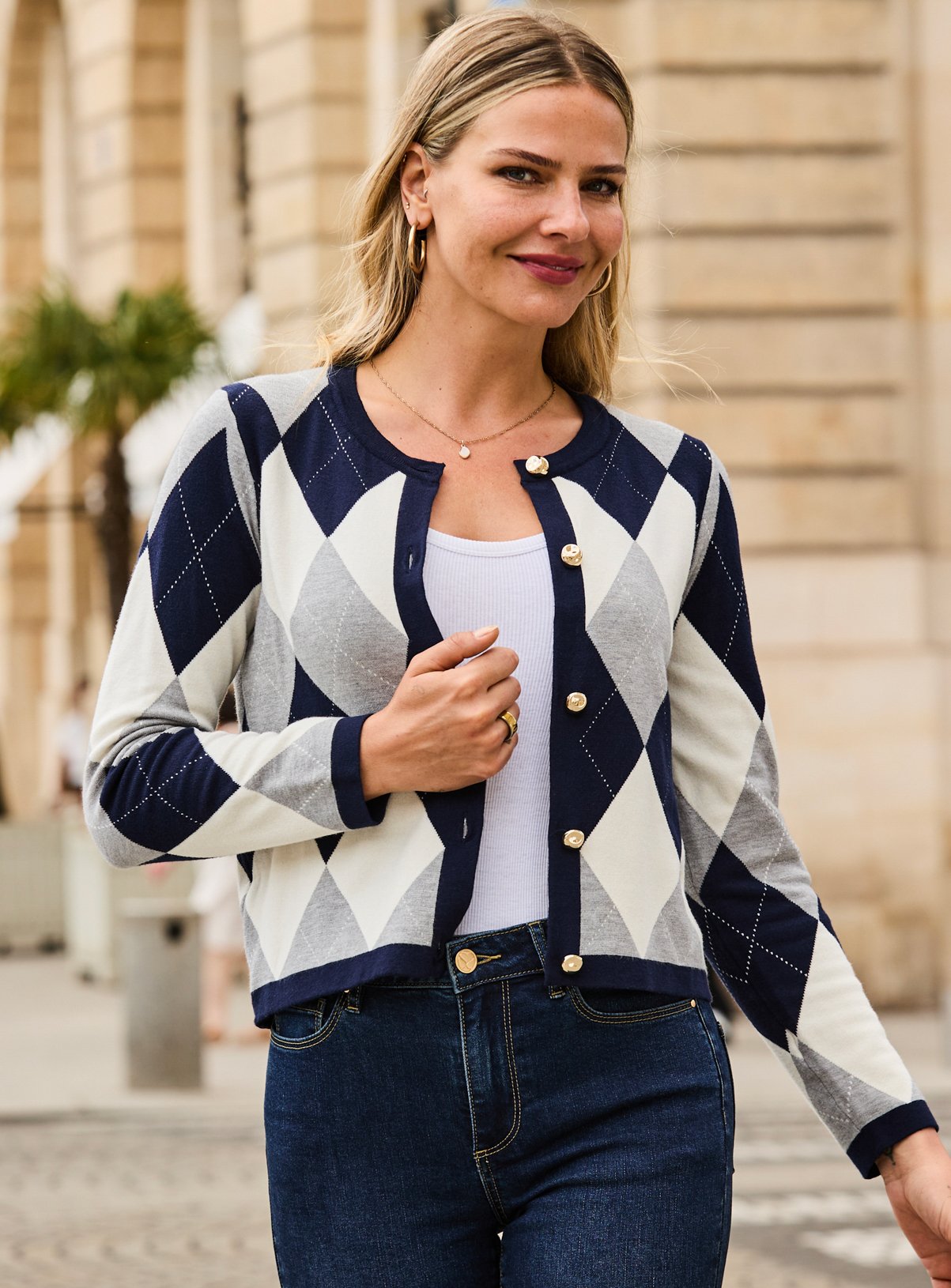 SOSANDAR Navy Blue Argyle Gold Button Detail Cardigan 14 - Image 6 thumbnail