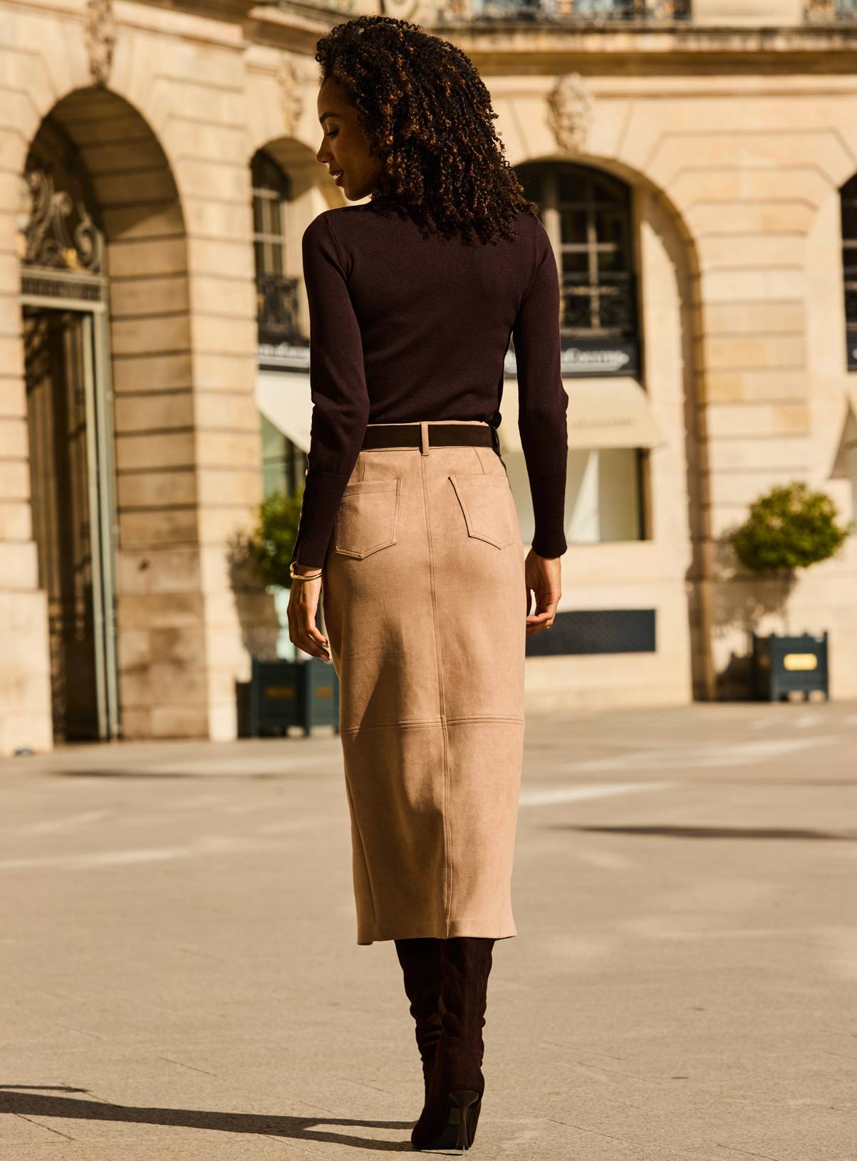 SOSANDAR Taupe Faux Suede Pencil Skirt 20 - Image 2