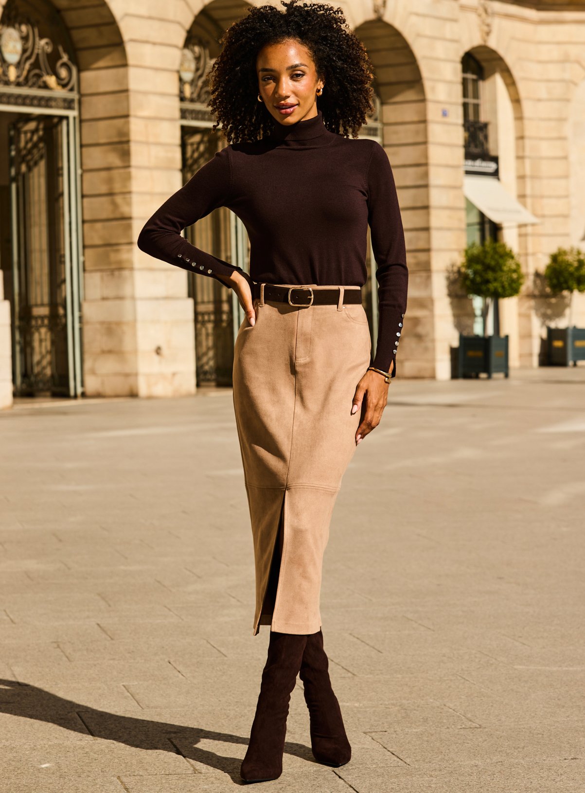 SOSANDAR Taupe Faux Suede Pencil Skirt 20 - Image 3 thumbnail