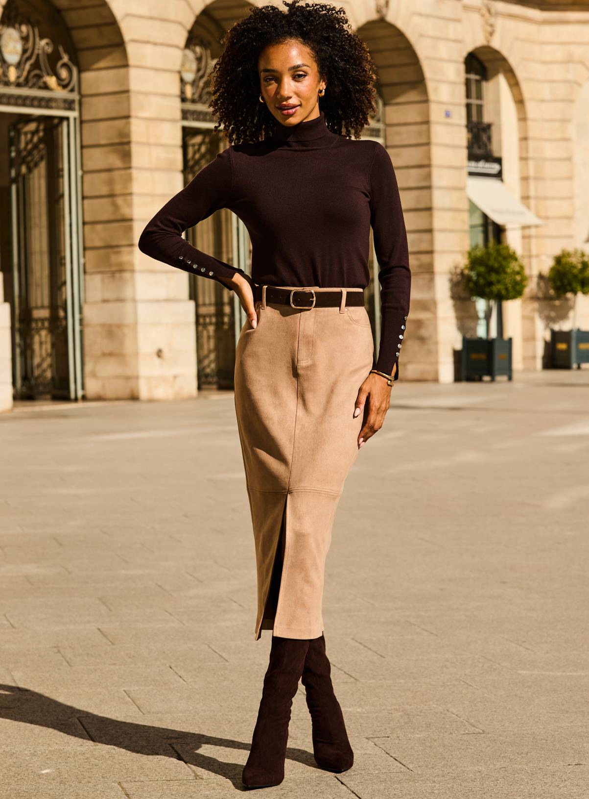 SOSANDAR Taupe Faux Suede Pencil Skirt 20 - Image 3