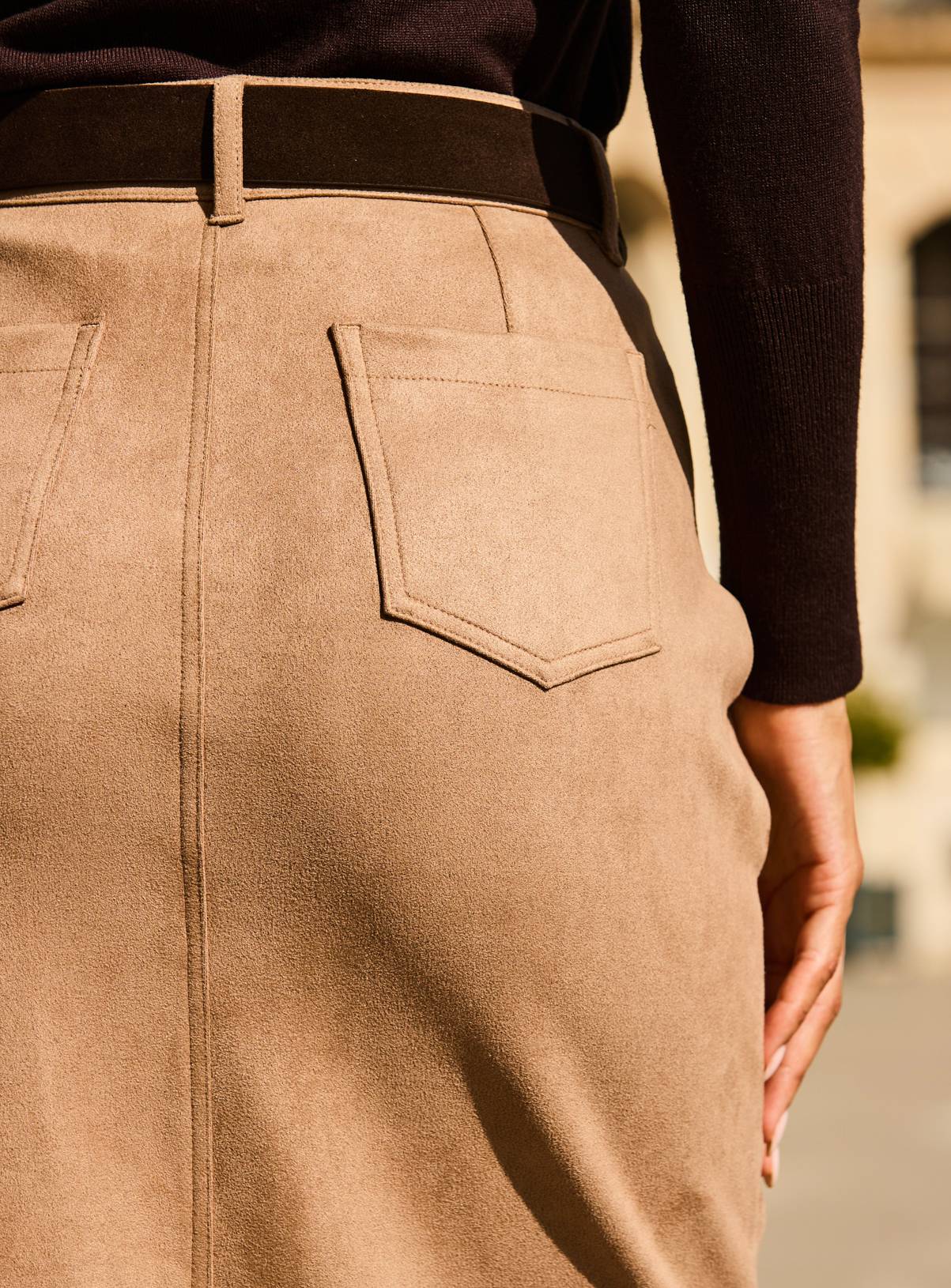 SOSANDAR Taupe Faux Suede Pencil Skirt 20 - Image 4
