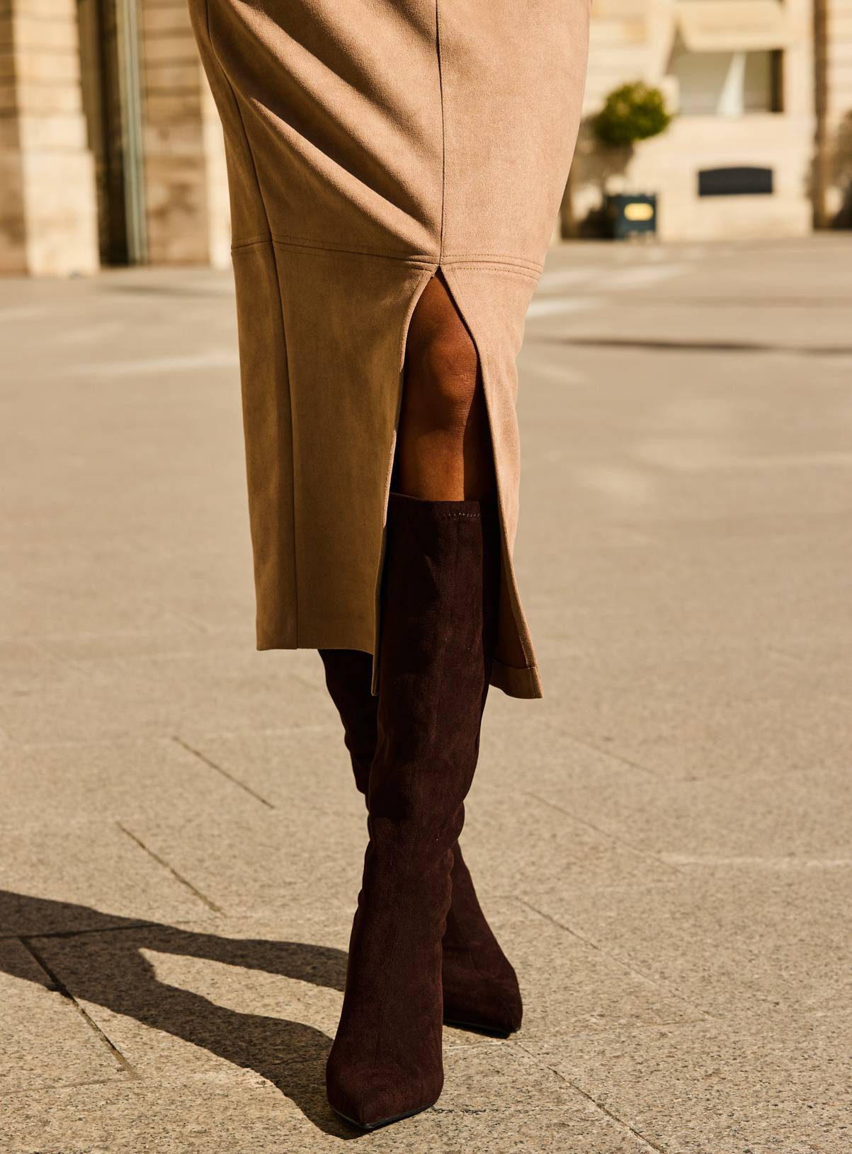 SOSANDAR Taupe Faux Suede Pencil Skirt 20 - Image 5
