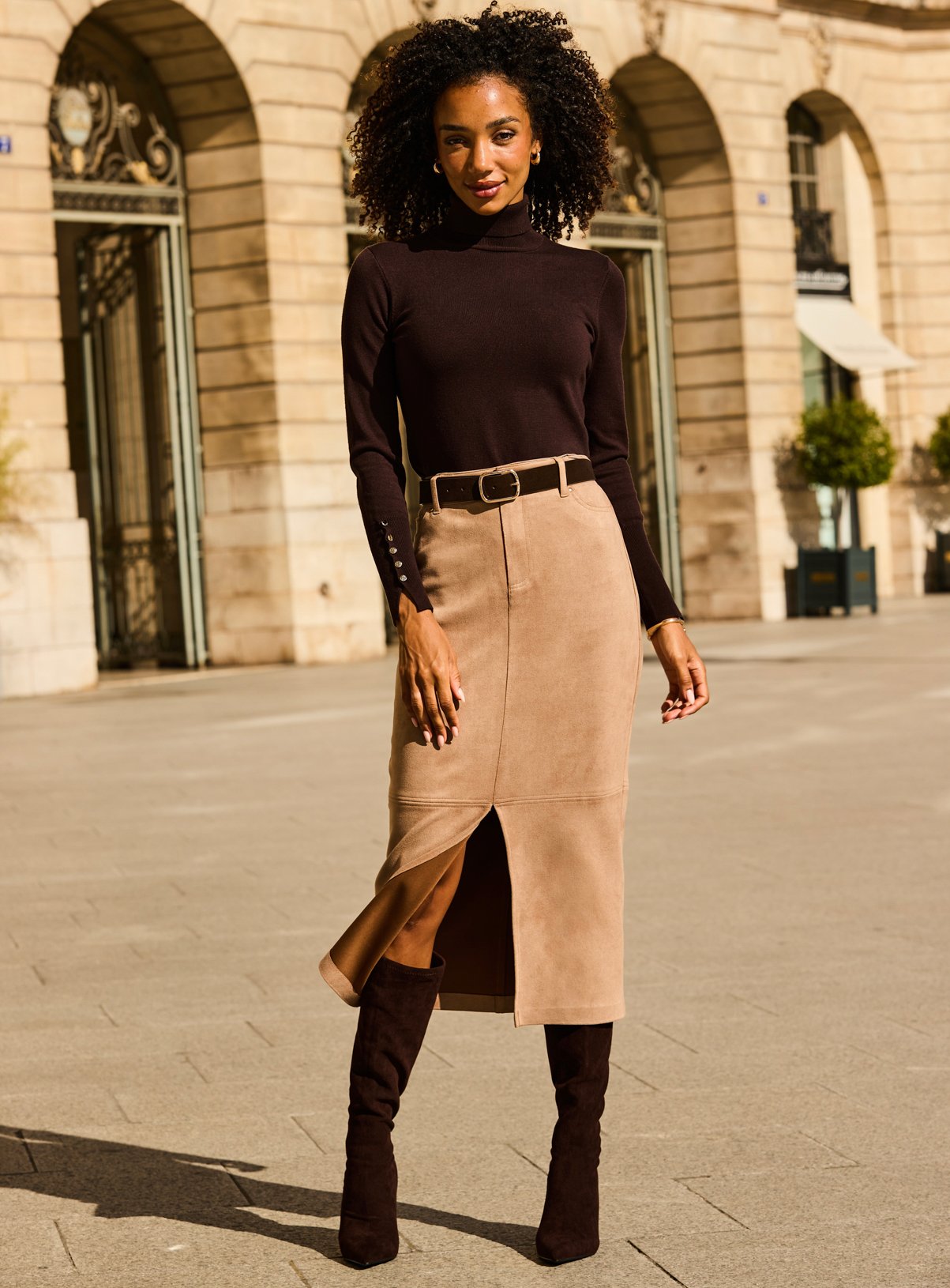 SOSANDAR Taupe Faux Suede Pencil Skirt 20 - Image 6 thumbnail