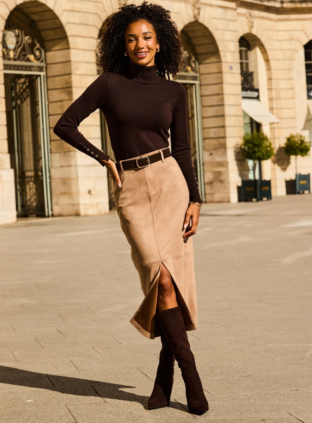 SOSANDAR Taupe Faux Suede Pencil Skirt 20 - Image 7 thumbnail