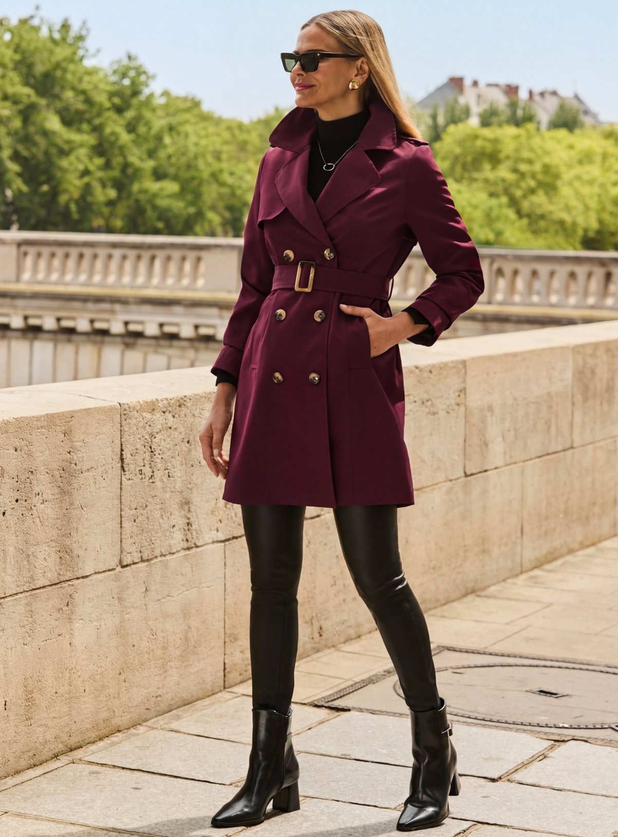 SOSANDAR Burgundy Double Breasted Trench Coat with Pockets 14 - Image 3 thumbnail