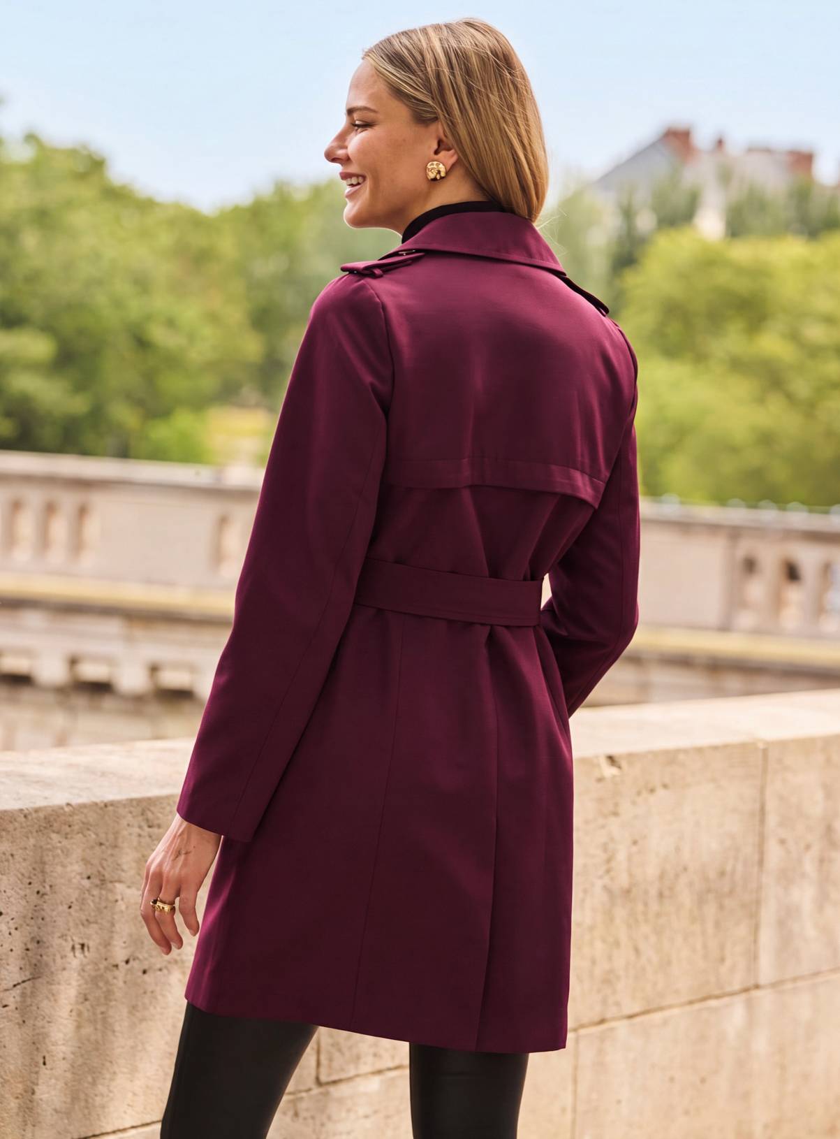SOSANDAR Burgundy Double Breasted Trench Coat with Pockets 14 - Image 4