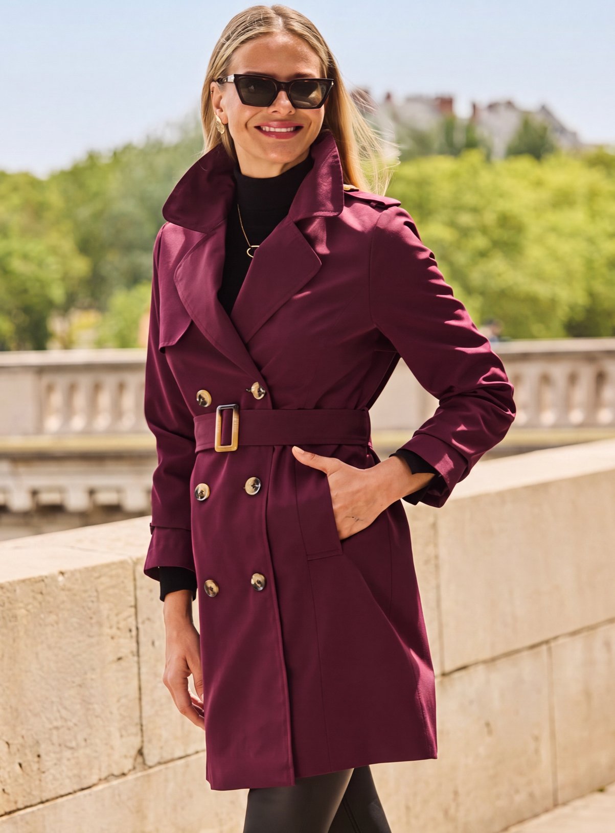 SOSANDAR Burgundy Double Breasted Trench Coat with Pockets 14 - Image 5 thumbnail