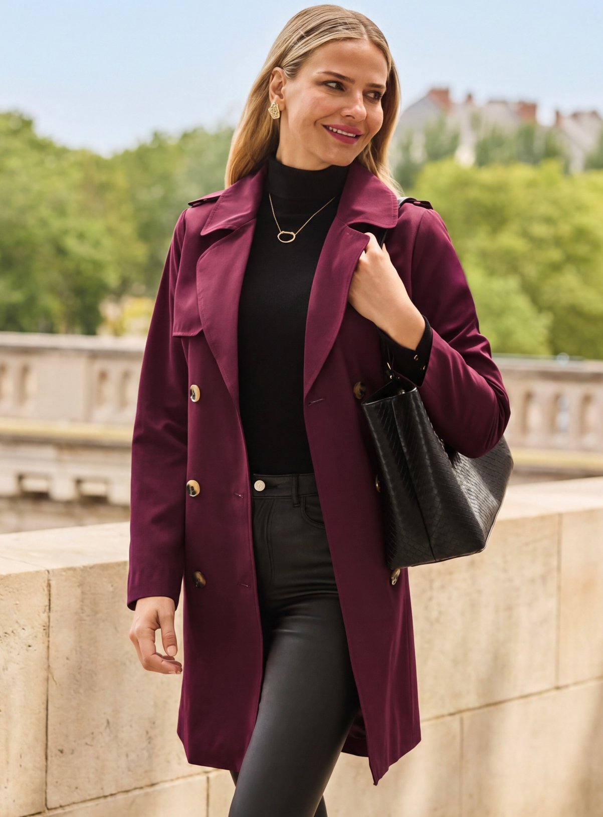 SOSANDAR Burgundy Double Breasted Trench Coat with Pockets 14 - Image 7 thumbnail