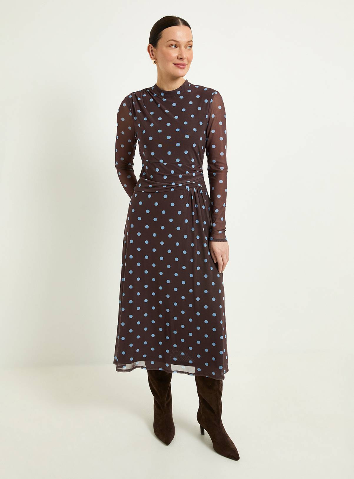 WALLIS Polka Dot Mesh Ruched Waist Midi Dress 22 - Image 1