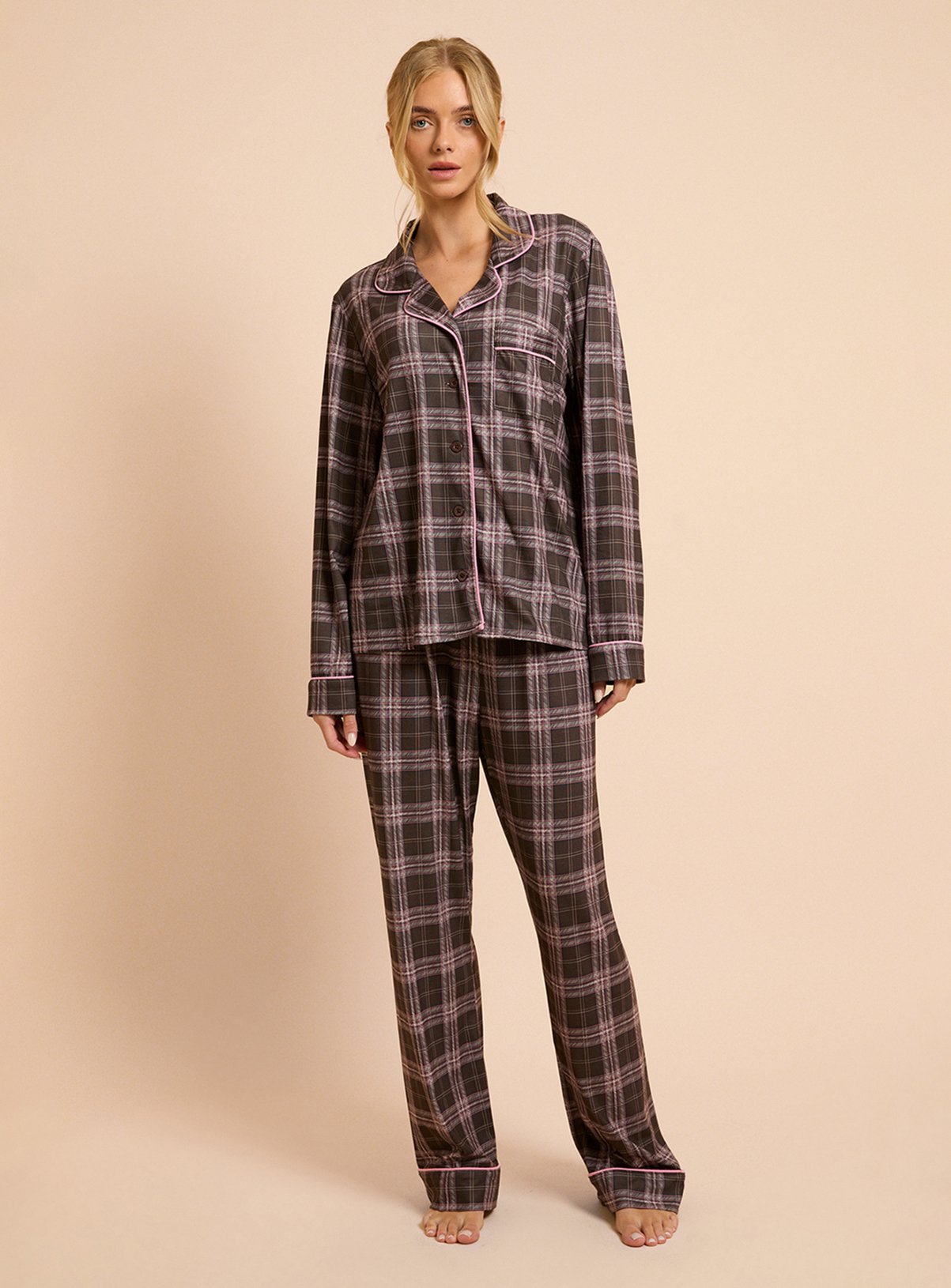DOROTHY PERKINS Chocolate Check Long Sleeve Jersey Pyjama Set M - Image 1 thumbnail