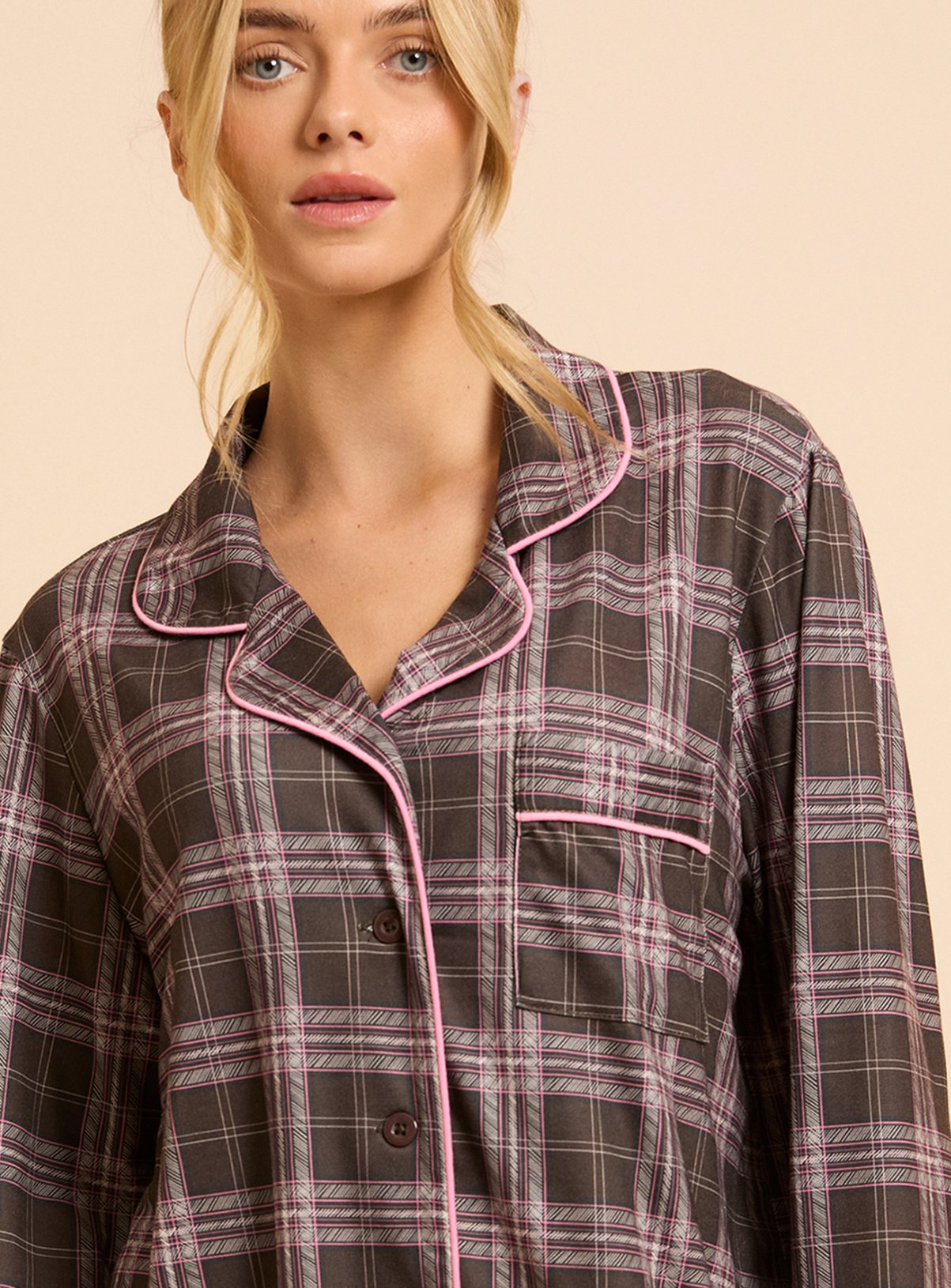 DOROTHY PERKINS Chocolate Check Long Sleeve Jersey Pyjama Set M - Image 2 thumbnail
