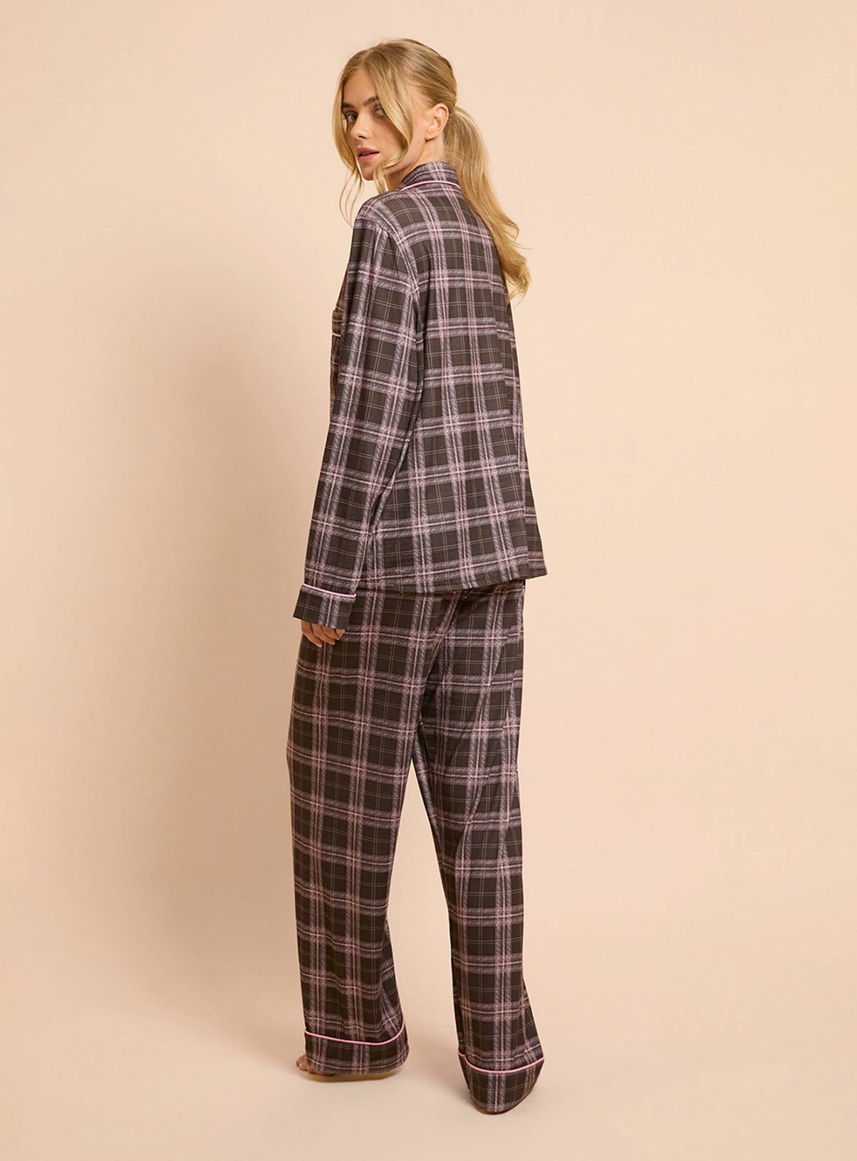 DOROTHY PERKINS Chocolate Check Long Sleeve Jersey Pyjama Set M - Image 3