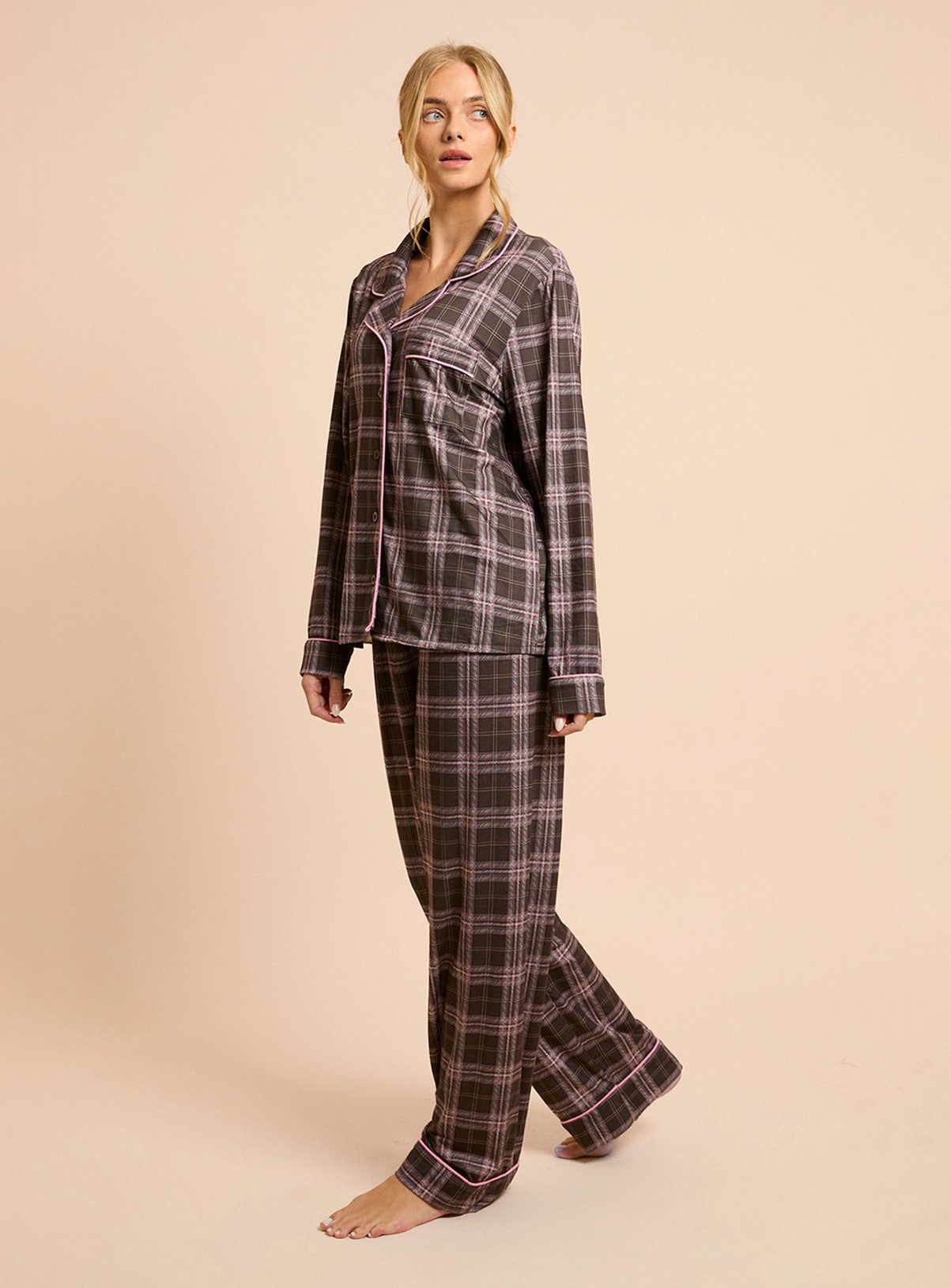 DOROTHY PERKINS Chocolate Check Long Sleeve Jersey Pyjama Set M - Image 4 thumbnail