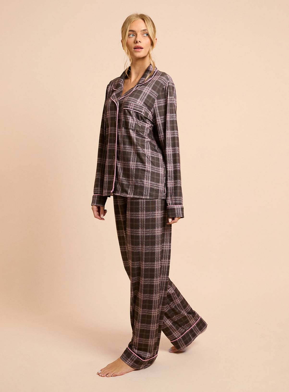 DOROTHY PERKINS Chocolate Check Long Sleeve Jersey Pyjama Set M - Image 4