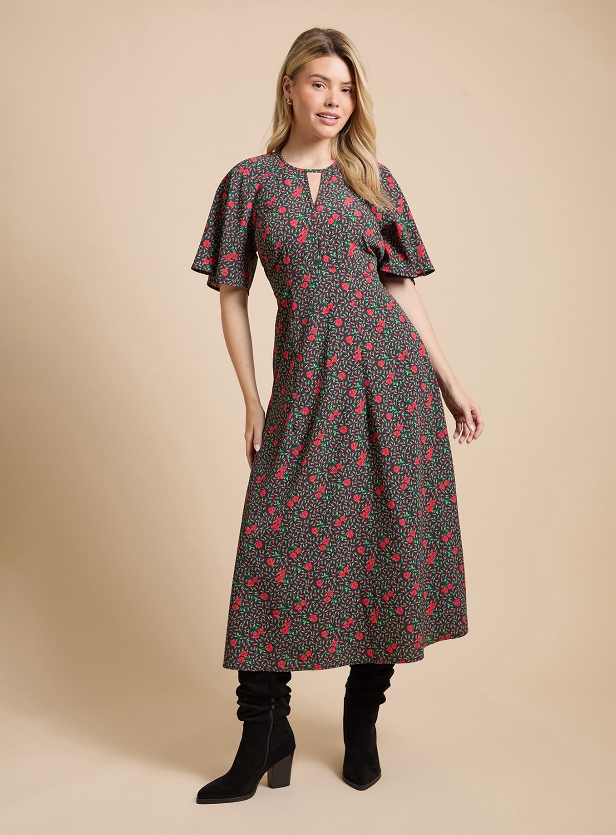 DOROTHY PERKINS Red Ditsy Lace Insert Keyhole Angel Sleeve Midi Dress 10 - Image 1 thumbnail