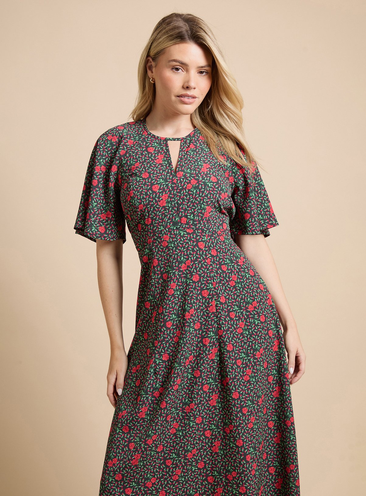 DOROTHY PERKINS Red Ditsy Lace Insert Keyhole Angel Sleeve Midi Dress 10 - Image 2 thumbnail