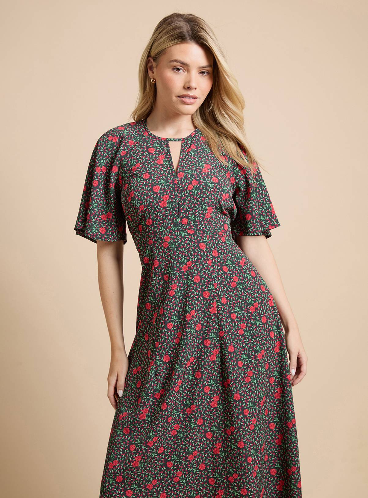 DOROTHY PERKINS Red Ditsy Lace Insert Keyhole Angel Sleeve Midi Dress 10 - Image 2