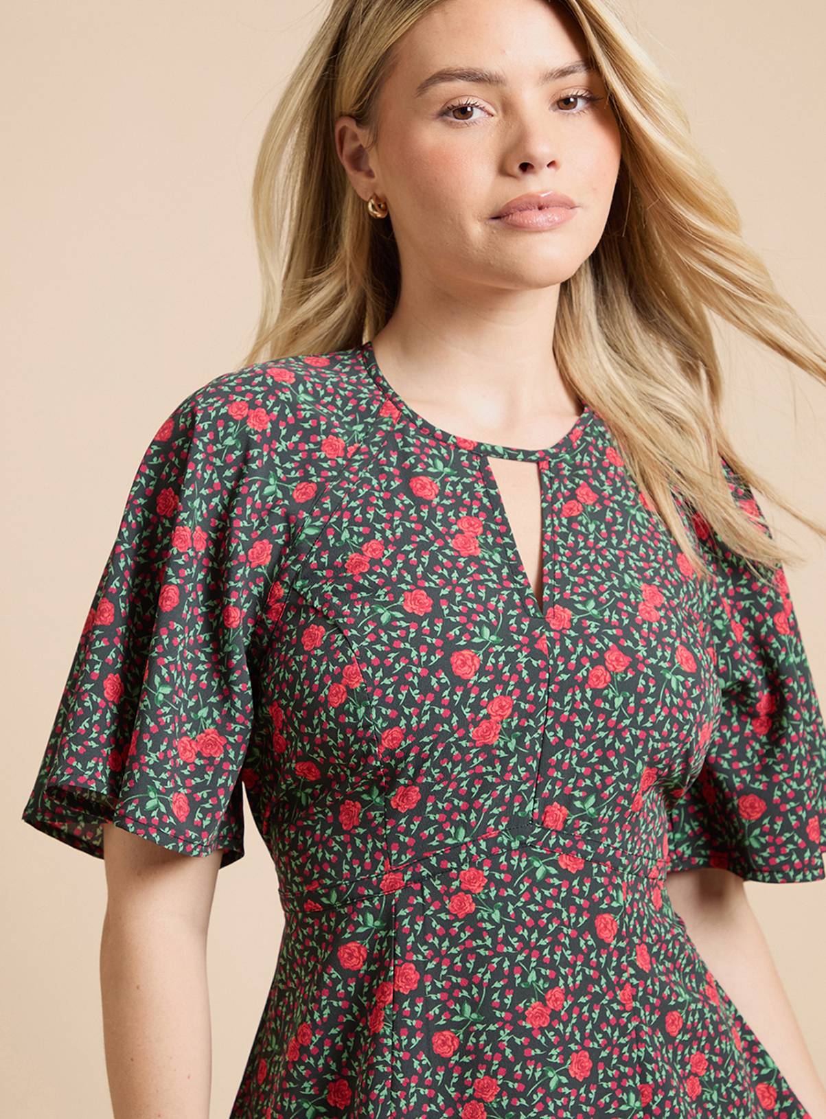 DOROTHY PERKINS Red Ditsy Lace Insert Keyhole Angel Sleeve Midi Dress 10 - Image 4