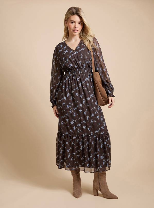 DOROTHY PERKINS Chocolate Floral Wrap Front Blouson Sleeve Printed Chiffon Tiered Maxi Dress 16