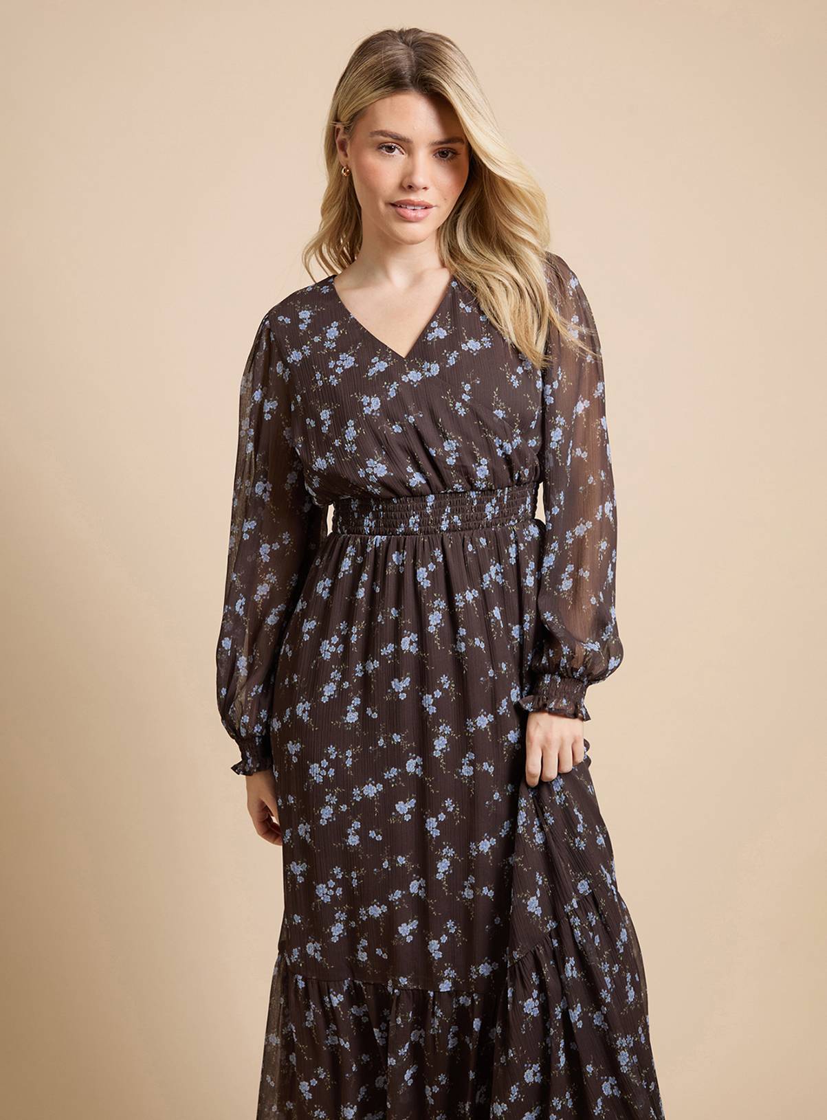 DOROTHY PERKINS Chocolate Floral Wrap Front Blouson Sleeve Printed Chiffon Tiered Maxi Dress 16 - Image 2