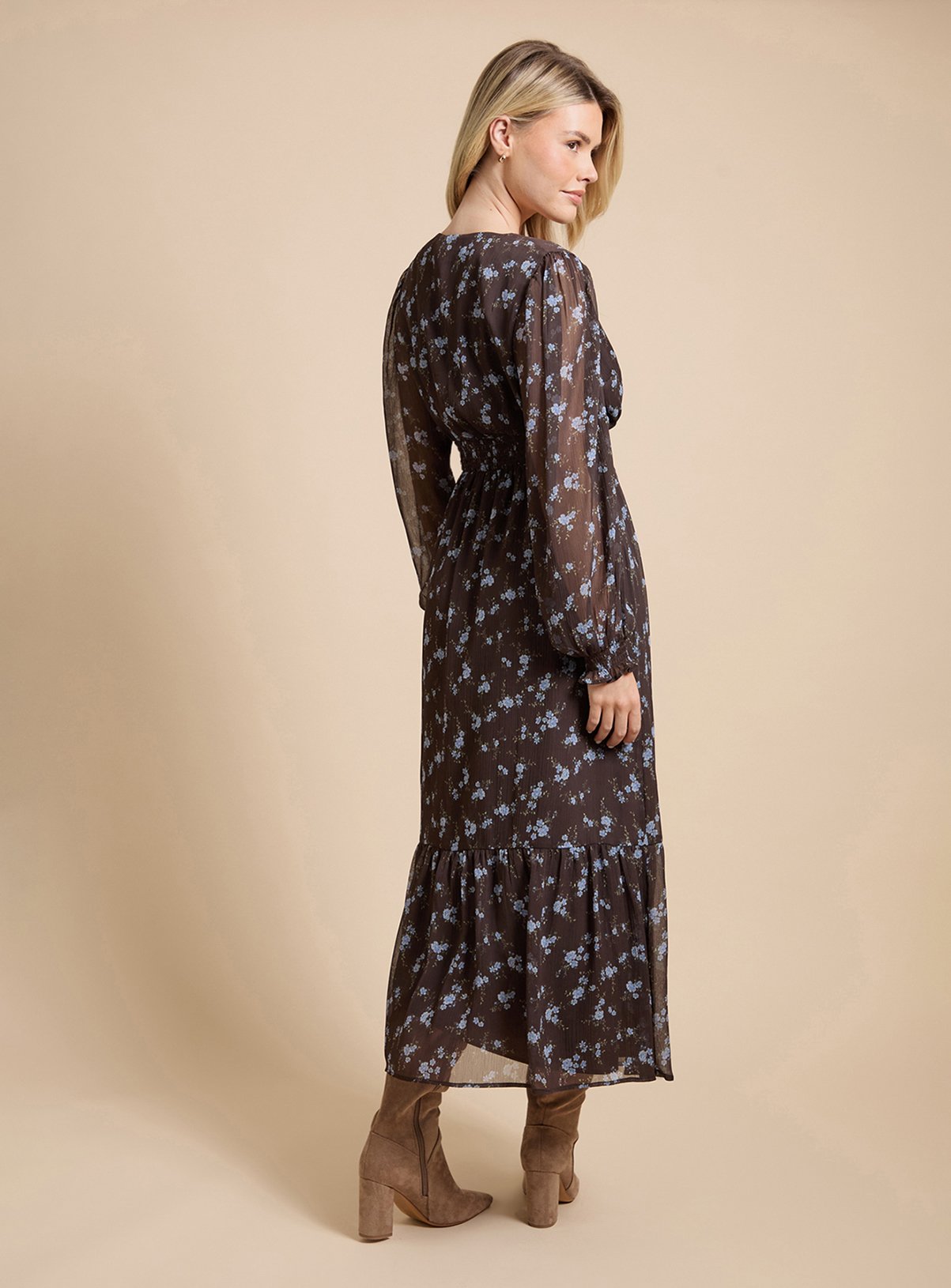 DOROTHY PERKINS Chocolate Floral Wrap Front Blouson Sleeve Printed Chiffon Tiered Maxi Dress 16 - Image 3 thumbnail