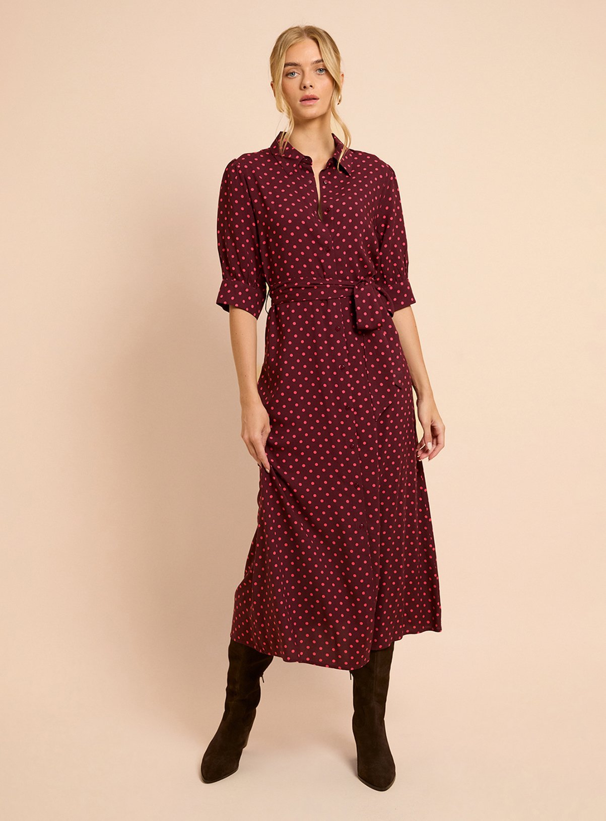 DOROTHY PERKINS Berry Spot Petite Puff Sleeve Midi Shirt Dress 10 - Image 1 thumbnail
