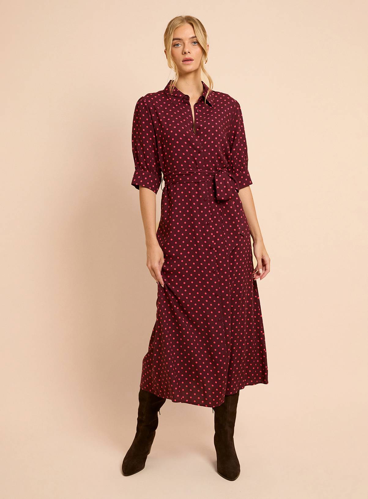 DOROTHY PERKINS Berry Spot Petite Puff Sleeve Midi Shirt Dress 10 - Image 1