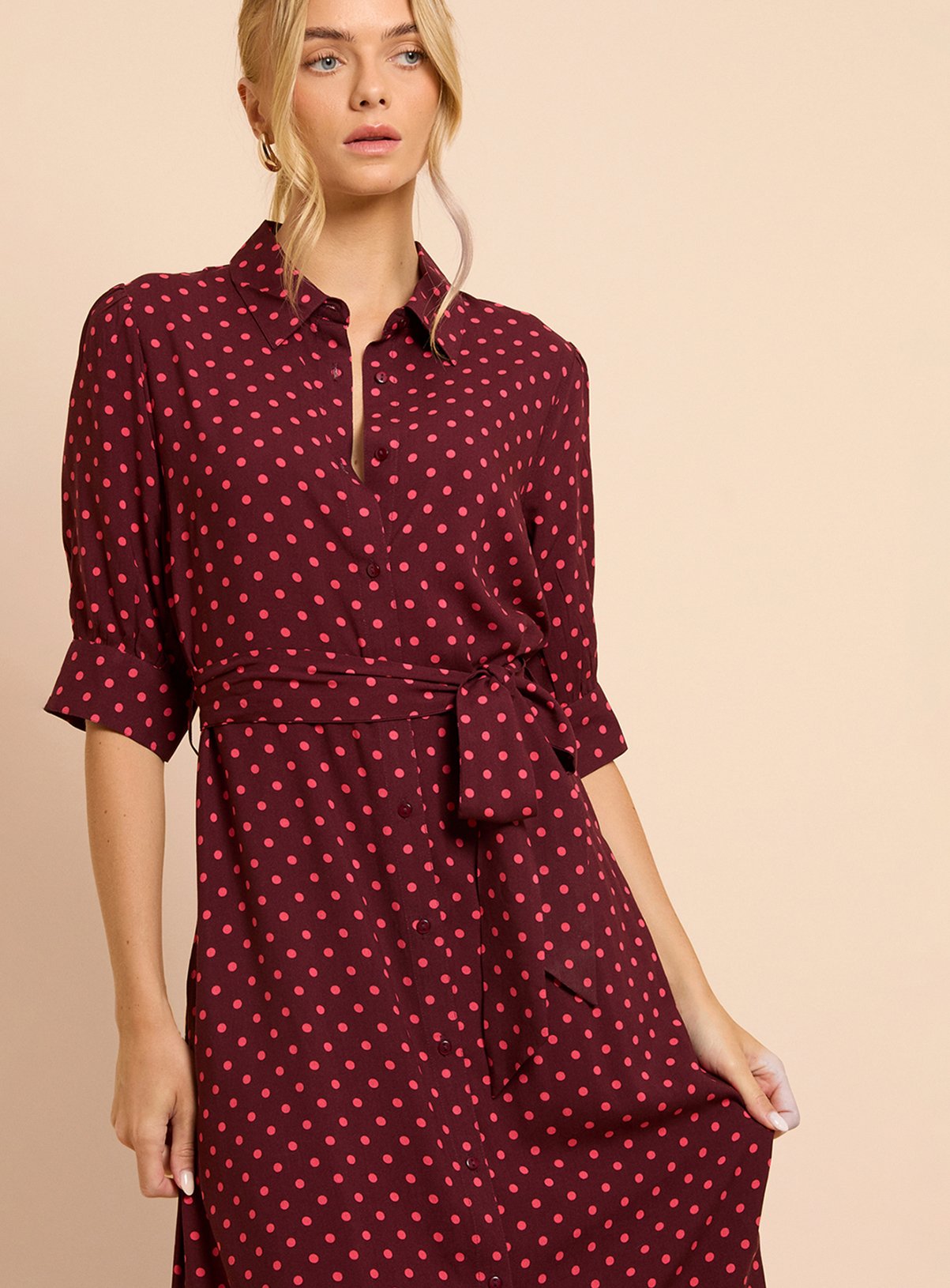 DOROTHY PERKINS Berry Spot Petite Puff Sleeve Midi Shirt Dress 10 - Image 2 thumbnail