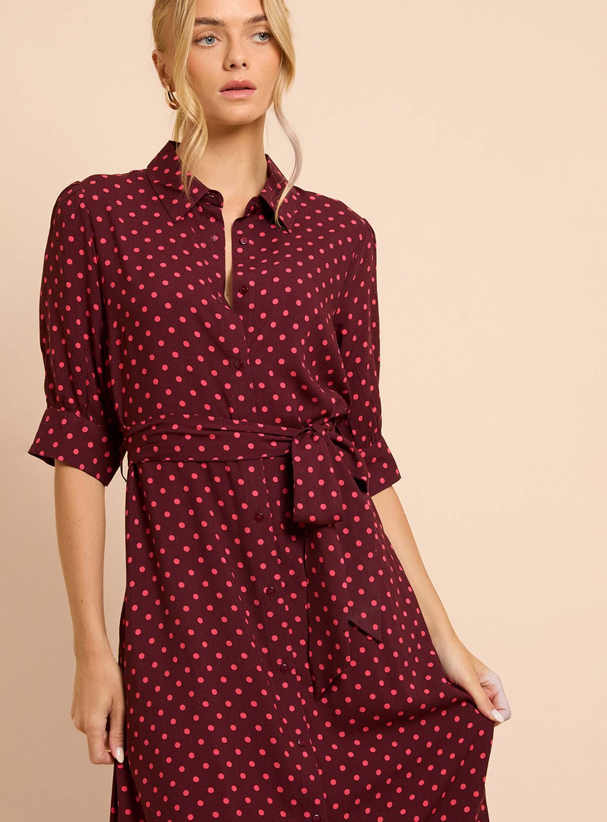 DOROTHY PERKINS Berry Spot Petite Puff Sleeve Midi Shirt Dress 10 - Image 2