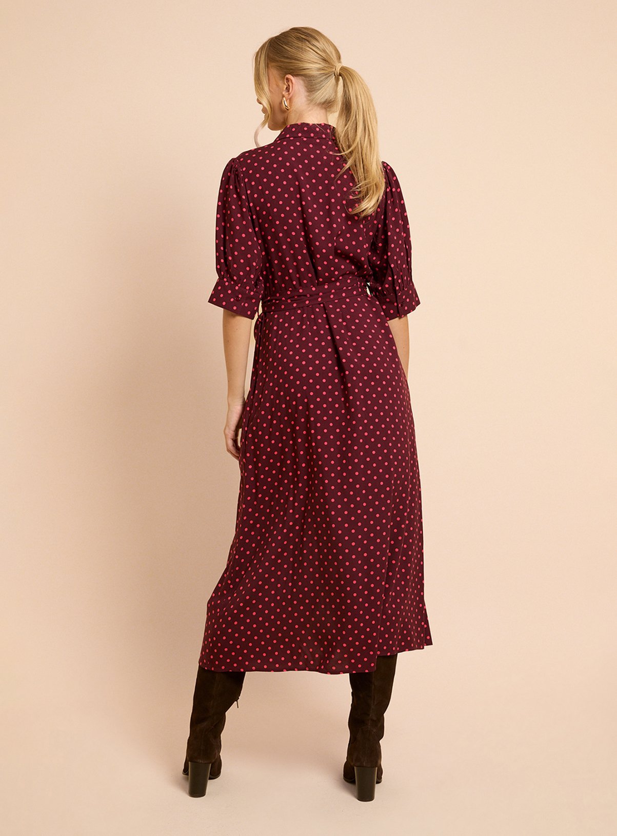 DOROTHY PERKINS Berry Spot Petite Puff Sleeve Midi Shirt Dress 10 - Image 3 thumbnail