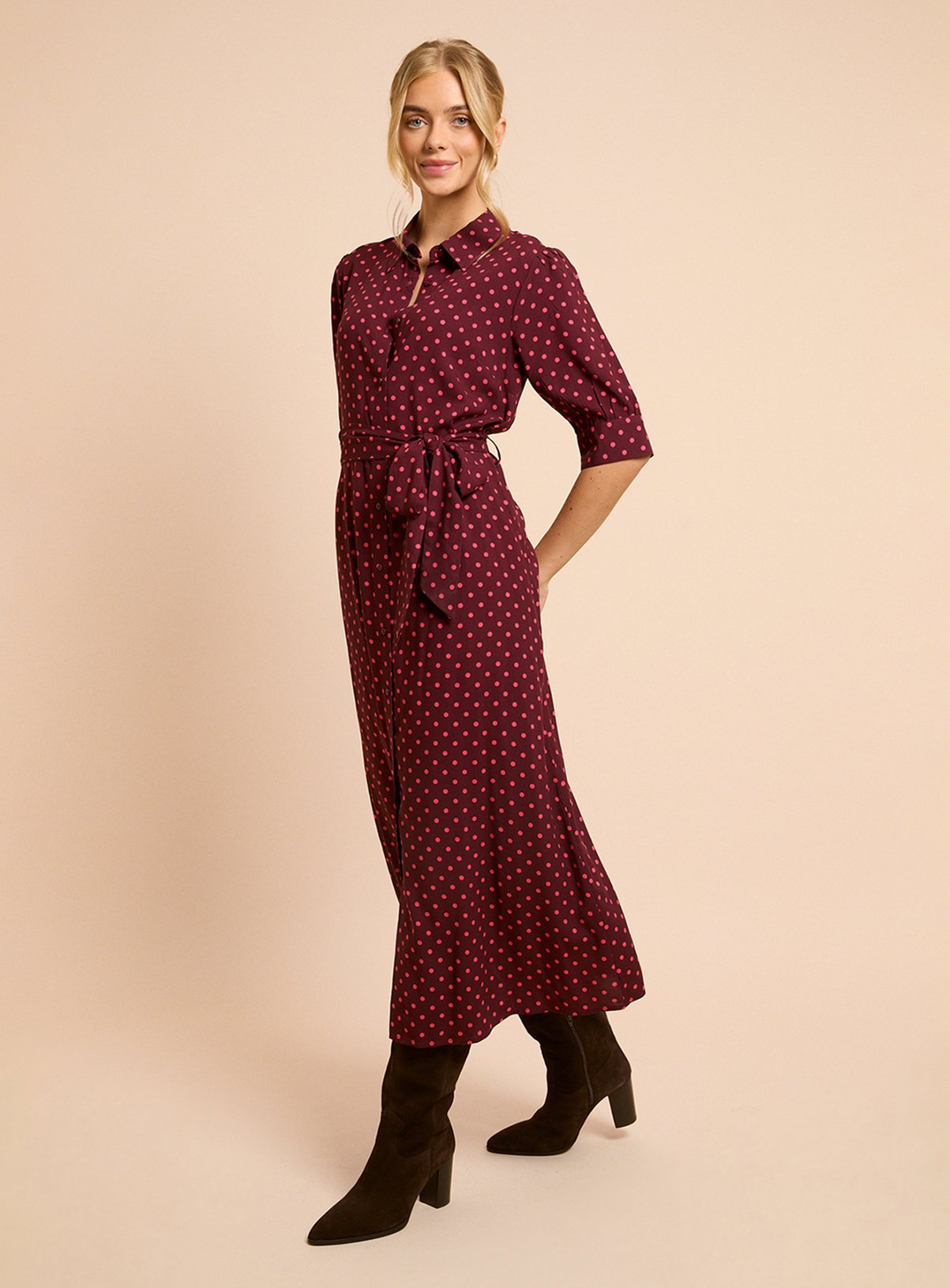 DOROTHY PERKINS Berry Spot Petite Puff Sleeve Midi Shirt Dress 10 - Image 4 thumbnail