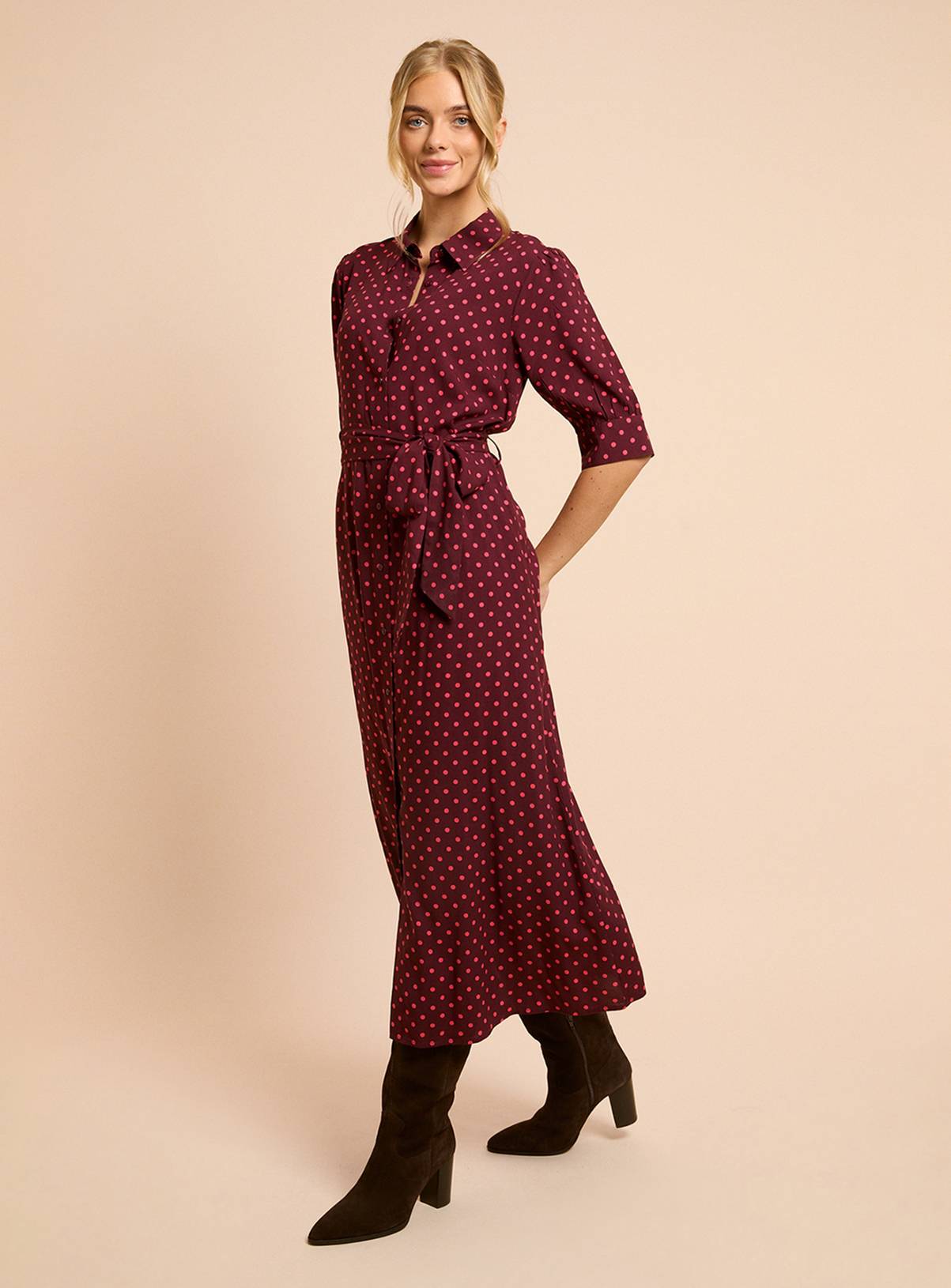 DOROTHY PERKINS Berry Spot Petite Puff Sleeve Midi Shirt Dress 10 - Image 4