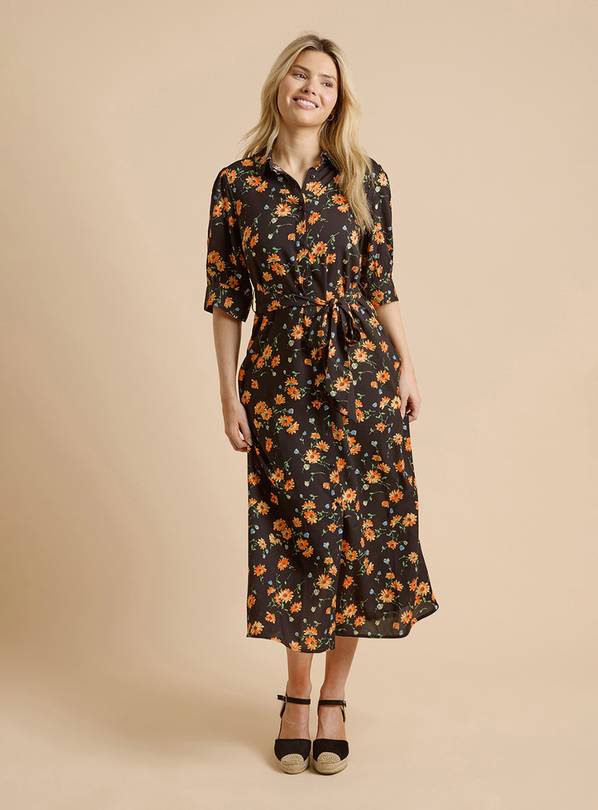 DOROTHY PERKINS Black Floral Puff Sleeve Midi Shirt Dress 10