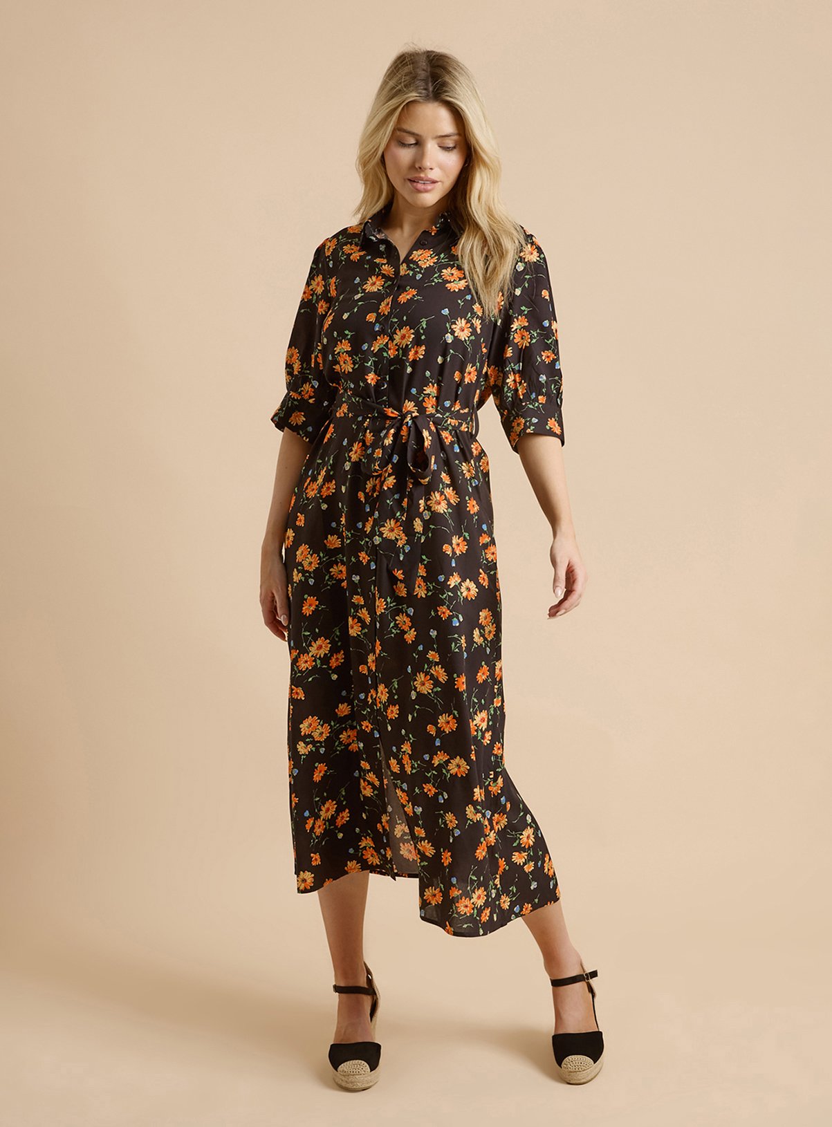 DOROTHY PERKINS Black Floral Puff Sleeve Midi Shirt Dress 10 - Image 2 thumbnail