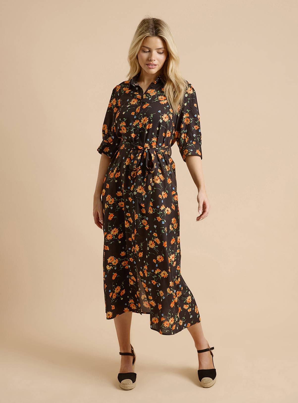 DOROTHY PERKINS Black Floral Puff Sleeve Midi Shirt Dress 10 - Image 2