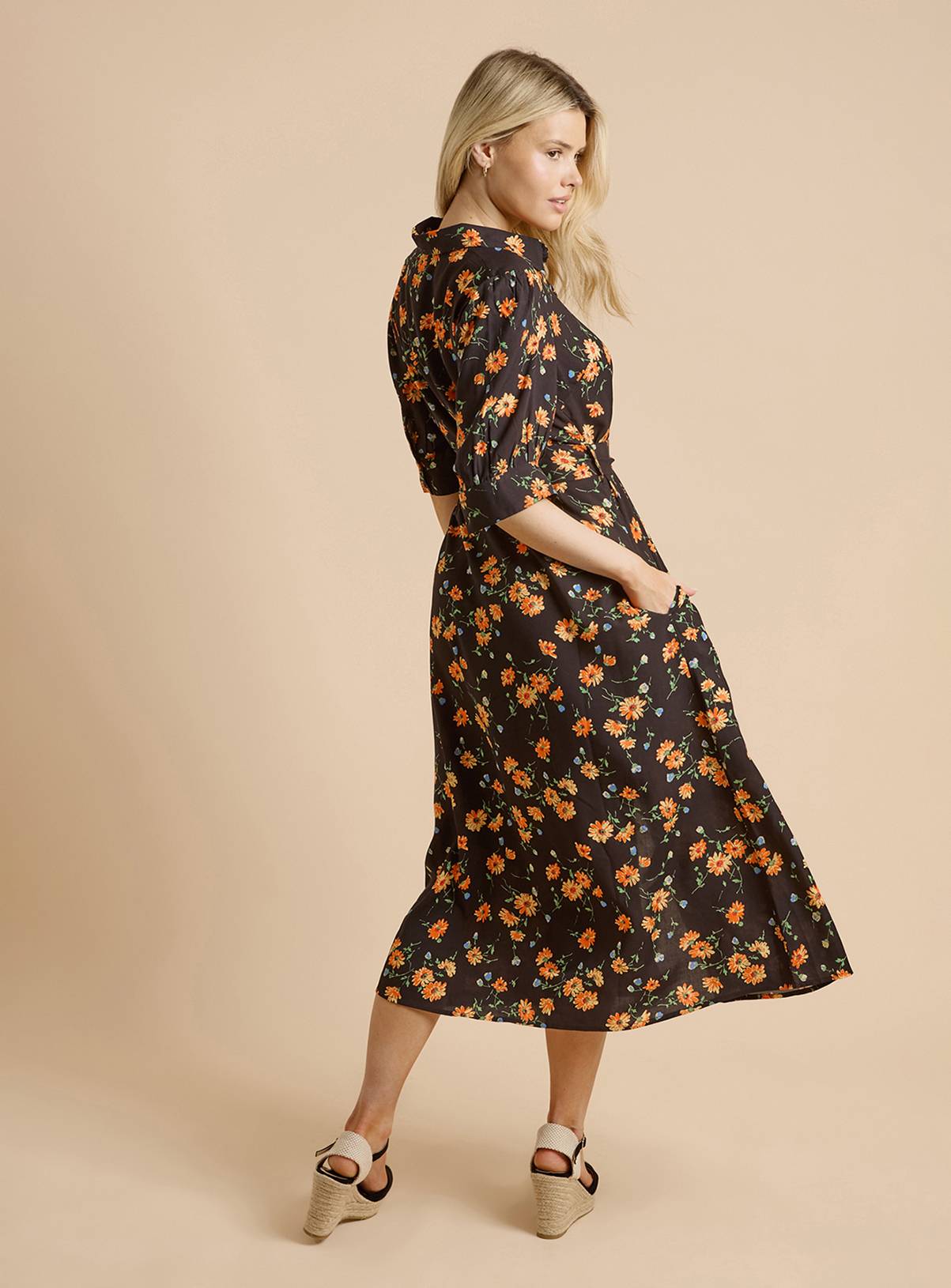 DOROTHY PERKINS Black Floral Puff Sleeve Midi Shirt Dress 10 - Image 3