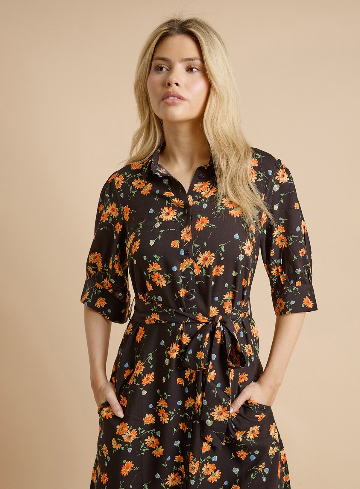 DOROTHY PERKINS Black Floral Puff Sleeve Midi Shirt Dress 10 - Image 4 thumbnail
