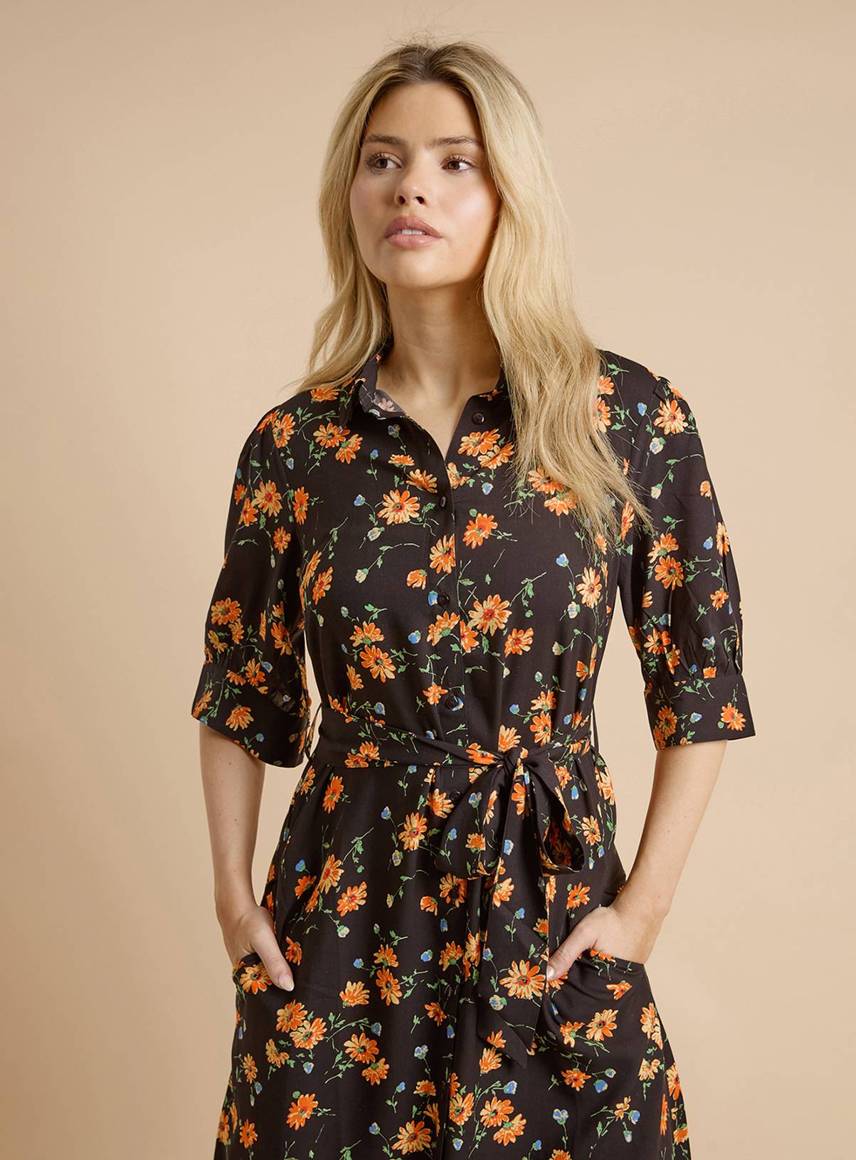DOROTHY PERKINS Black Floral Puff Sleeve Midi Shirt Dress 10 - Image 4